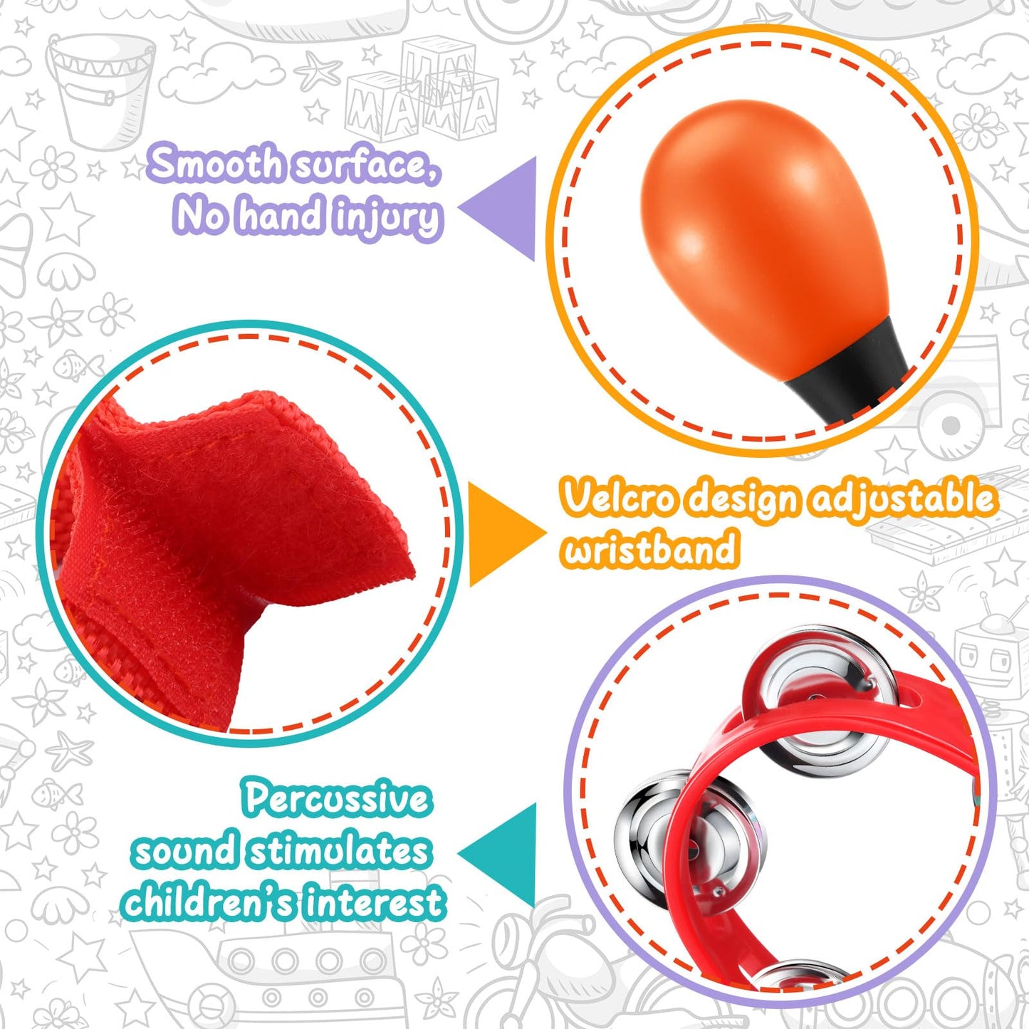 72 Pcs Shaker Musical Instruments for Kids Egg Shaker Wrist Hand Band Bells Maracas Percussion Tambourine Cymbals Plastic Castanets for Preschool Early Music Learning Toy
