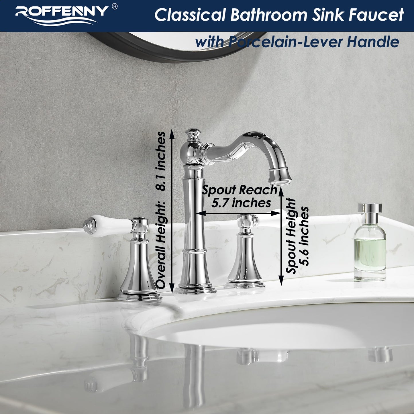 Roffenny Porcelain 2-Handle Chrome Bathroom Faucets 8 inch Widespread for 3 Holes with Plastic Pop-Up Drain & 2Pcs Water Supply Lines, Classic Chrome Bathroom Vanity Sink Faucet, Brass Swivel Spout