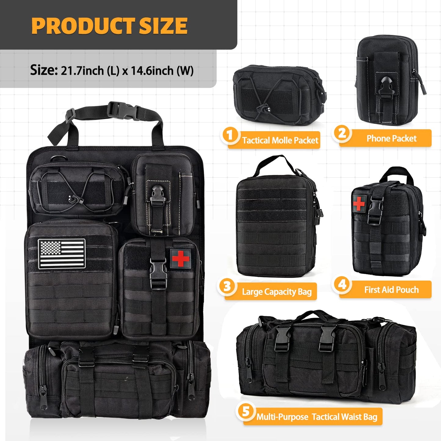 MAIKER Tactical Car Seat Back Organizer, Upgrade Tactical Vehicle Panel Organizer with 5 Detachable Molle Pouch, Universal fits for Most of Vehicle Black