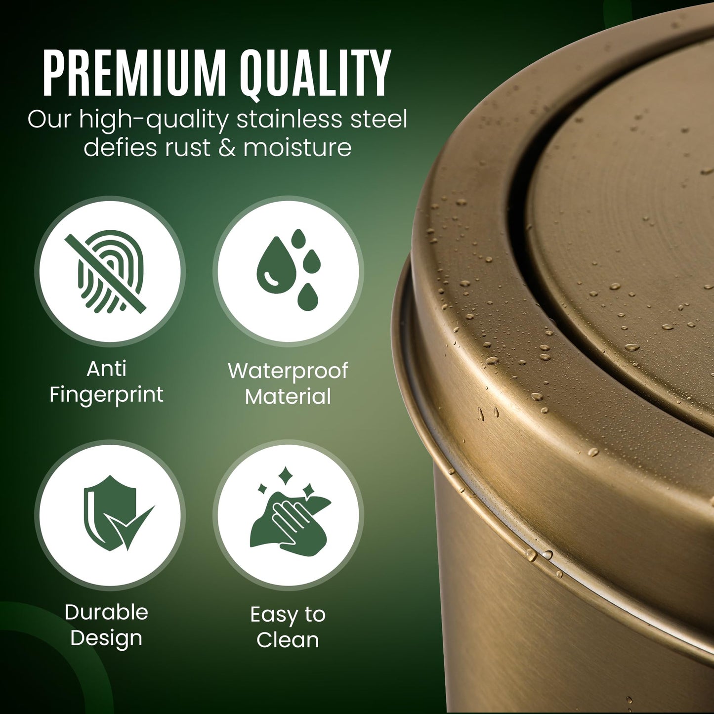 Gold Trash Can | Bathroom Garbage Bin with Lid | 5L Small Metal Wastebasket | Stainless Steel Rubbish Can | Non Slip Base | Simple Human Garbage Can | Office Wastebasket |