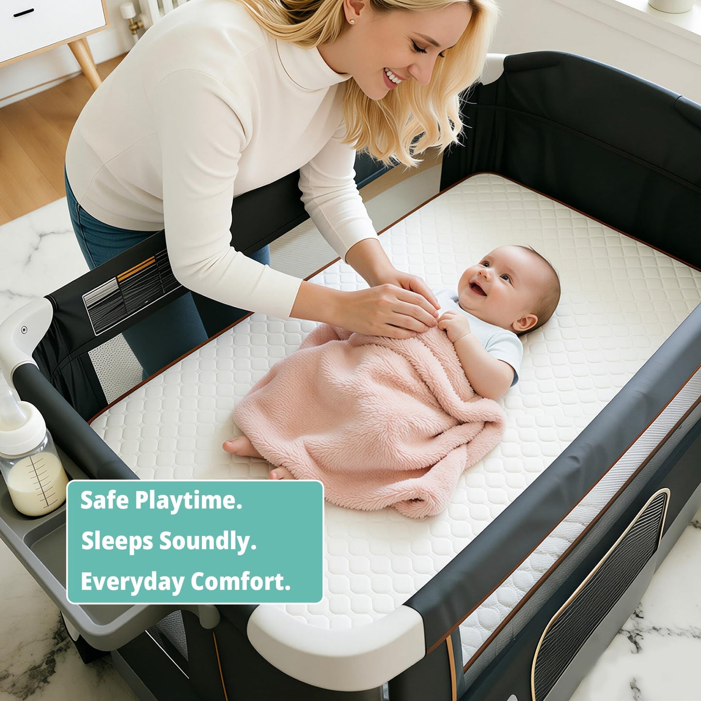 Pack and Play Mattress Pad, 38"x26" Playpen Mattress for Graco Pack n Play, Baby Trend, Pamo Babe Playard, 1.5" Thick, Breathable Washable Cover, No Gap 3D Piped Edge, White
