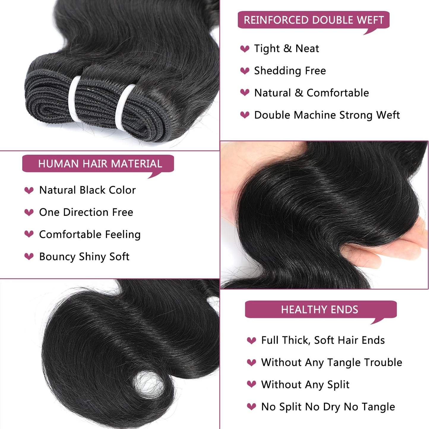 Body Wave Bundles Human Hair - 4 Bundles, 14/16 Inch, 100% Unprocessed Brazilian Virgin Hair Weave, Natural Black