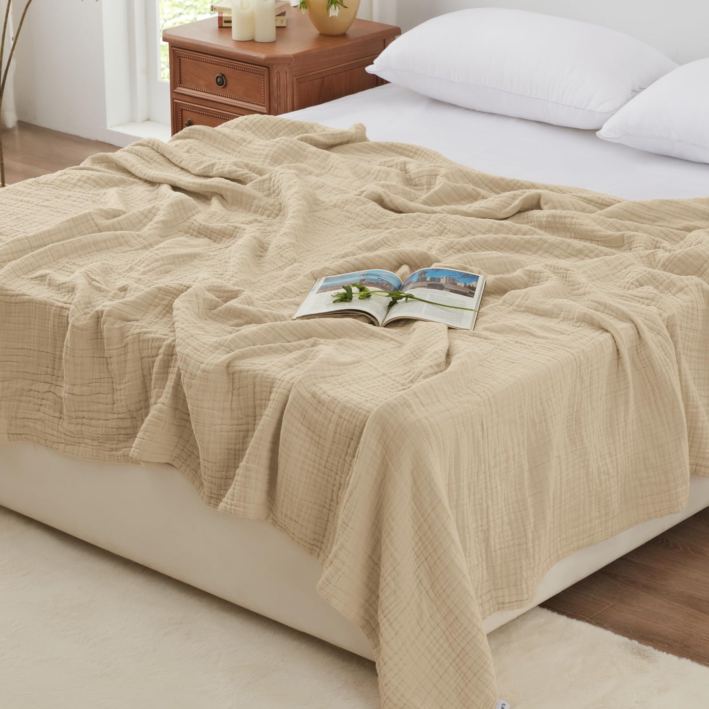 Love's cabin 100% Cotton Muslin Blanket, 6 Layer Lightweight Breathable Gauze King Size Blanket 108 x 90 Inches, Soft Summer Blanket for Bed, Khaki