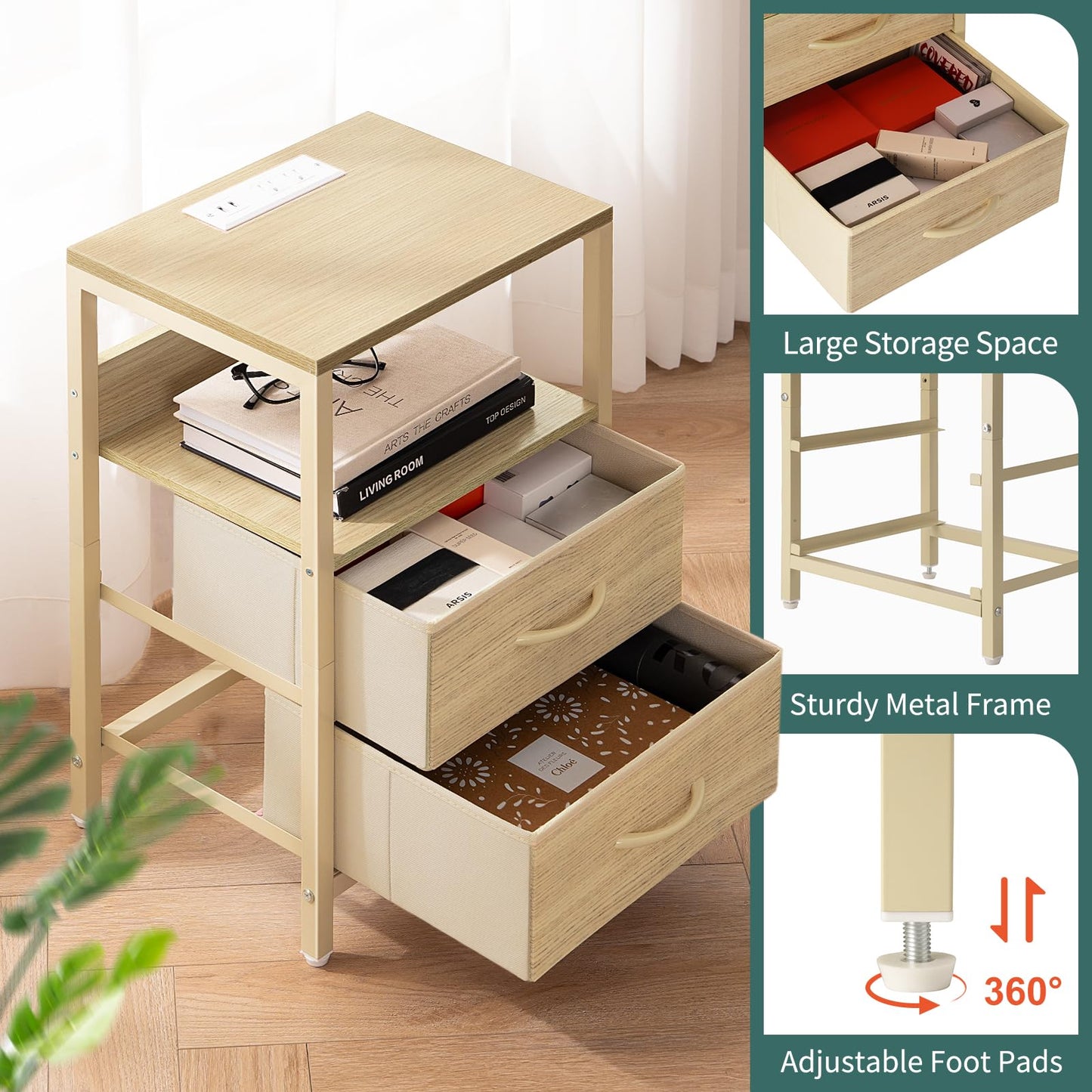 Yoobure Nightstand with Charging Station, LED Night Stand with Fabric Drawers and Storage Shelf for Bedroom, Nightstands Bedside Tables with USB Ports & Outlets, Small Night Stands, Bed Side Table
