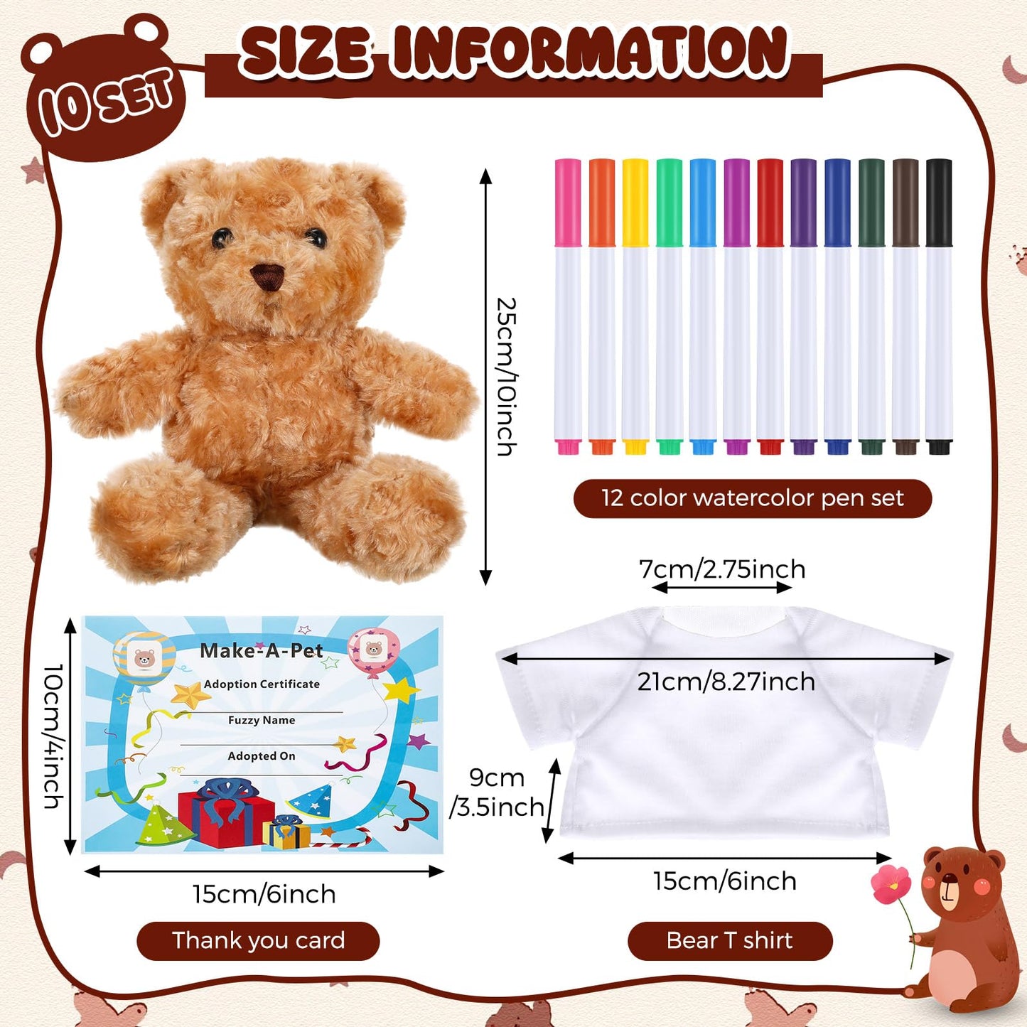 Blueweenly 40 Pcs Make Your Own Stuffed Bear Gift Kit 10 Pcs 9.84 Inches Rose Velvet Bear 10 White T Shirt 10 Set 12 Color Watercolor Pen 10 Paper Card DIY