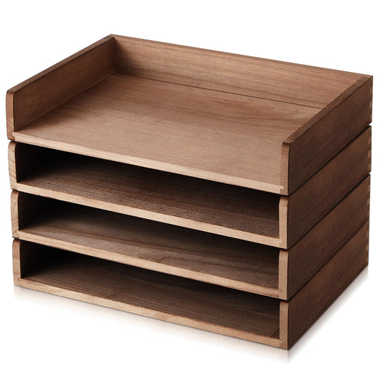 Yeaqee 4 Pcs Stackable Paper Tray Wood Desk Organizer Letter Tray Desktop Letter Size Office Wooden Desk Shelf Paper Holder Folder Organization Rack for Mail File Document(Dark Wood Color)