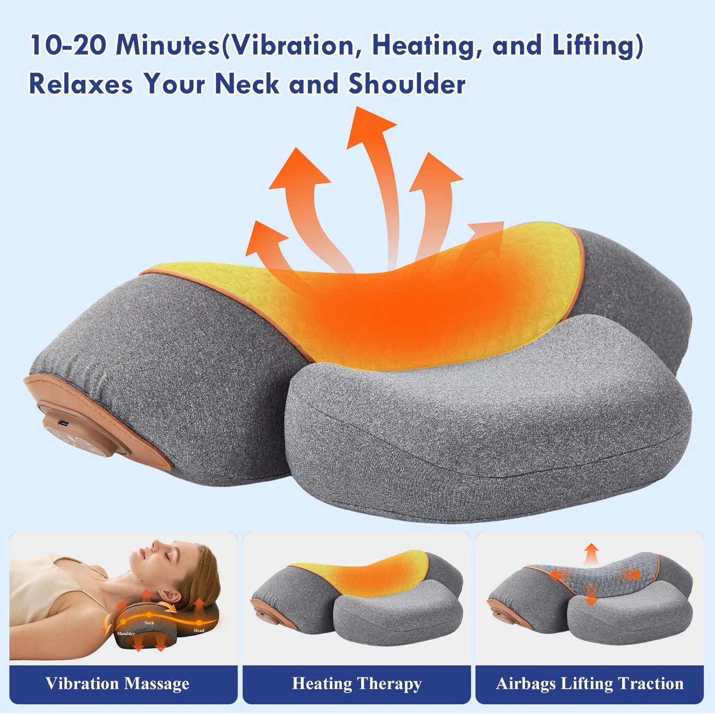 Huieo 3 in 1 Heated Neck Massage Pillows with Heat for Pain Relief Deep Tissue, Cervical Neck Hump Corrector, Plug-in Pillow Supports