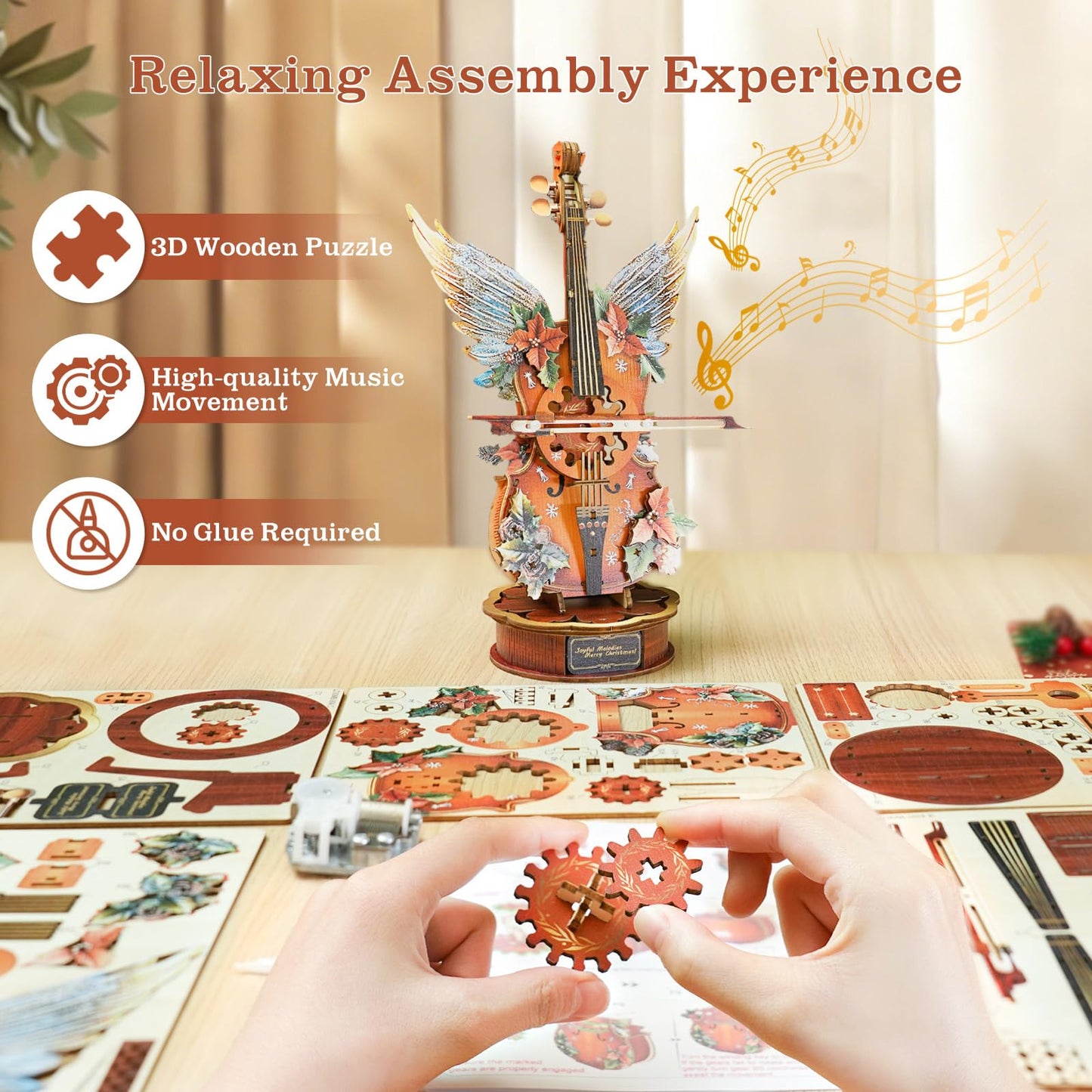 3D Puzzles for Adults, Wooden Music Boxes-Cello, Model Kits for Adults, DIY Wooden Model Building Set, Music Box Building Kit Desk Gift for Men Women Hobby for Adult(Holly)