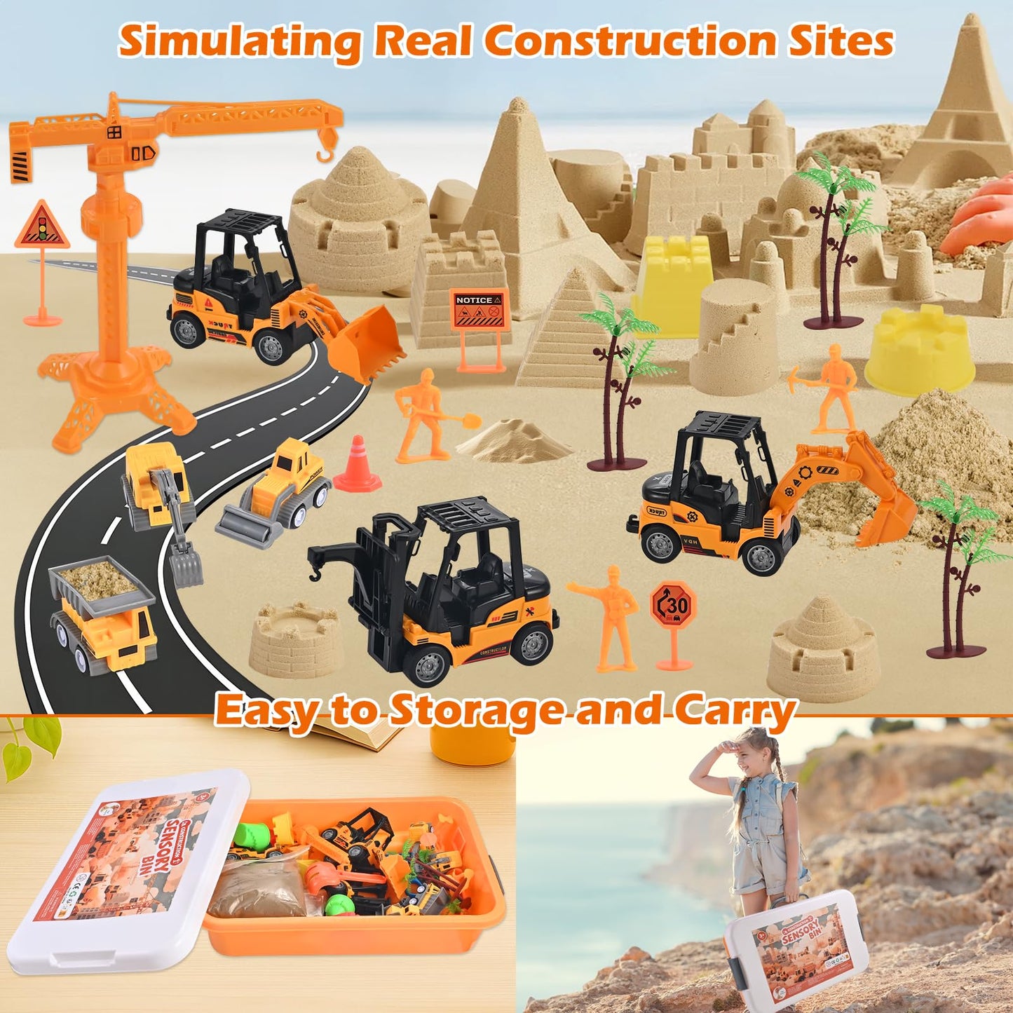 34 Pieces Sand Building Sites Sensory Toy Set for Toddlers with 8 Vehicles, 6 Castle Molds, 5 Road Signs, 4 Worker Figures, 2.2 Sand