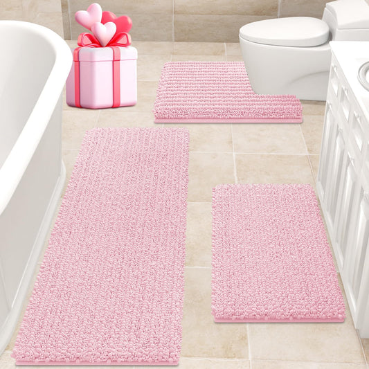 ACCUMTEK Upgrade Extra Large Pink Bathroom Rug Set 3 Pieces Ultra Soft, Thick Absorbent Bath Mats, Non Slip Chenille Toilet Mat for Bathroom, Bedroom, Kitchen
