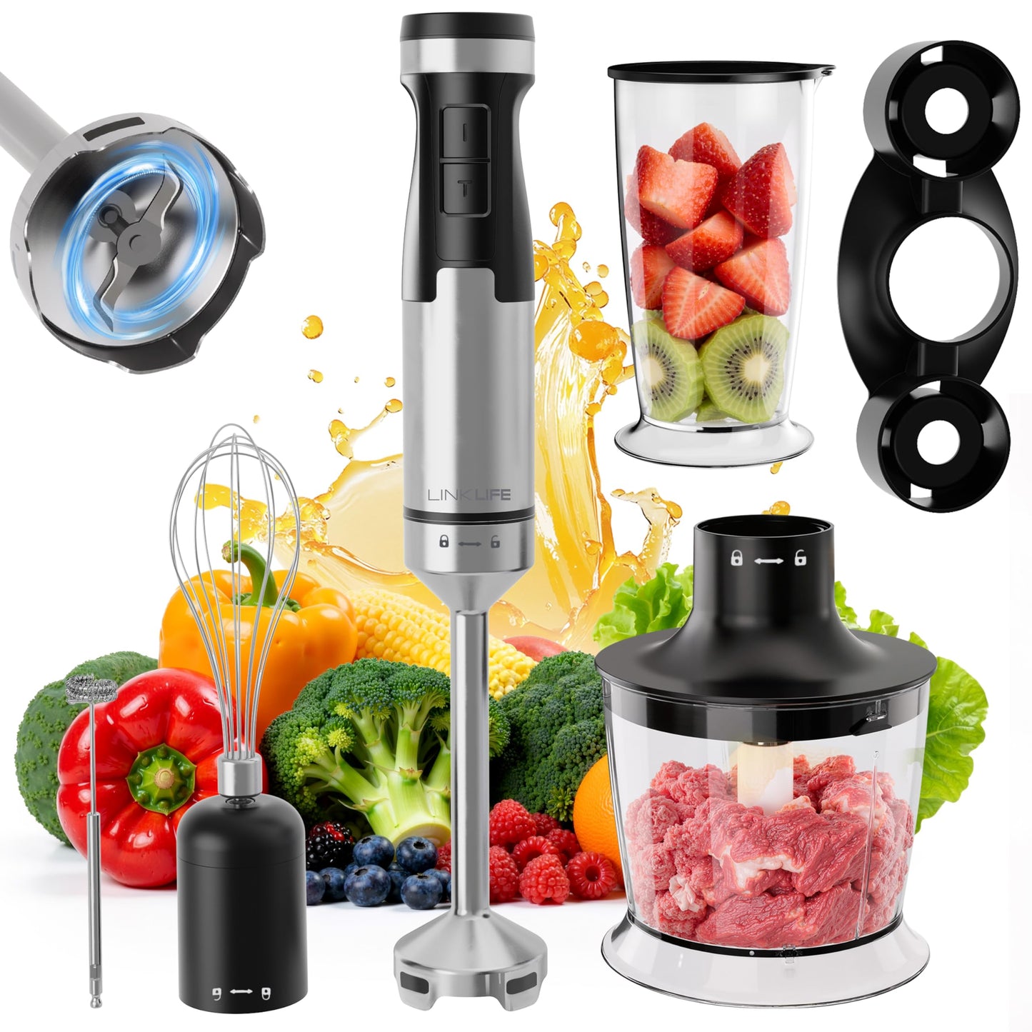 1200W Immersion Blender Handheld, 5-in-1 Variable Speed Emulsifier Hand Blender Stick with Whisk Chopper Milk Frother Mixing Cup and Storage Rack for Kitchen Soup, Purees, Baby Food and Smoothies