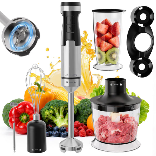 1200W Immersion Blender Handheld, 5-in-1 Variable Speed Emulsifier Hand Blender Stick with Whisk Chopper Milk Frother Mixing Cup and Storage Rack for Kitchen Soup, Purees, Baby Food and Smoothies