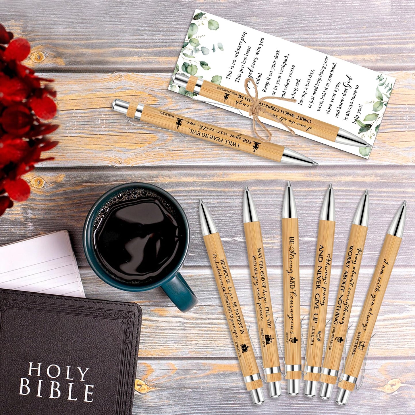 Tenceur 100 Sets July Summer Christmas Christian Gifts Bulk Bible Verse Bamboo Pens and Inspirational Bookmarks Religious Faith Based Sunday School Gifts for Women Men