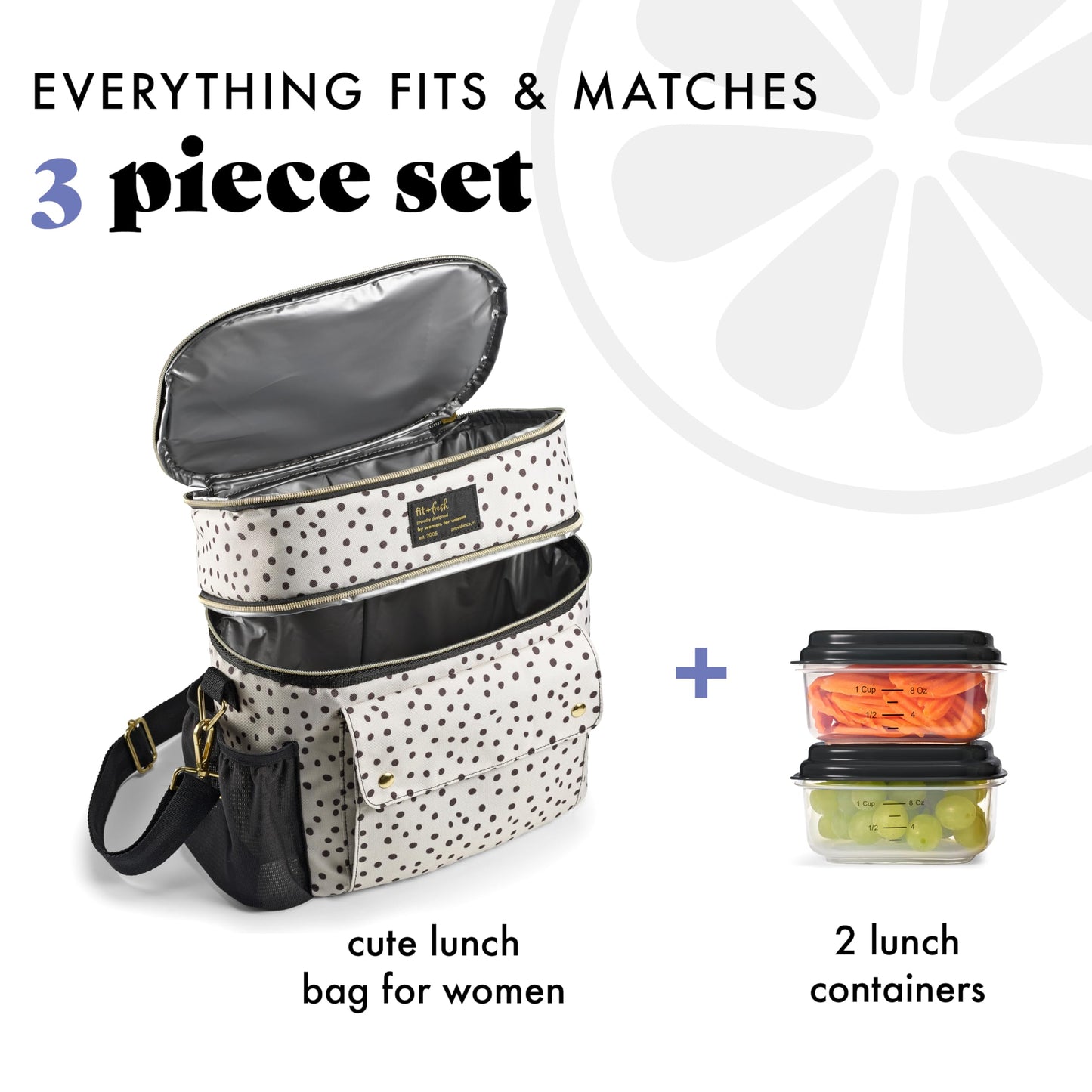 Fit & Fresh Westminster Dual-Compartment Insulated Lunch Bag for Women, Complete Lunch Set with 2 Containers, Double Deck Insulated Cooler Bag with Adjustable Strap, Black & White Polka Dots
