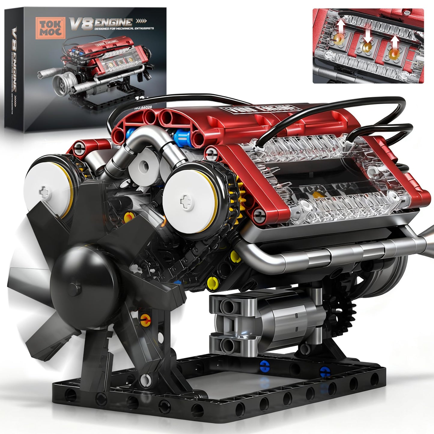 Tuajixz V8 Engine Building Blocks Sets, V8 Engine Model Kit That Runs – Motorized with Moving Pistons, Crankshaft & Rotating Fan, Realistic Engine Simulation for Car Enthusiasts, 588Pcs