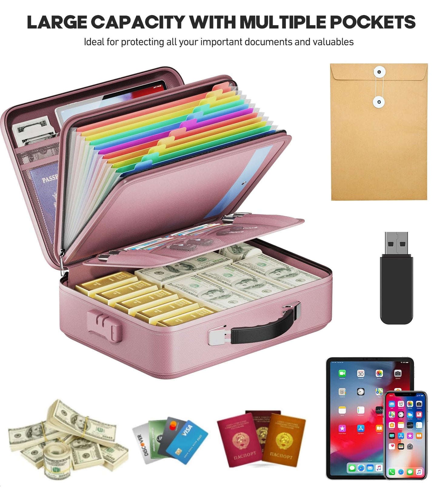 BigPonPon Fireproof Document Box, Hard Case Highly Flame-Resistant Fire Proof Waterproof File Organizer with Lock, Portable Fire Safe for Important Documents & Valuables Storage (Pink, ‎14"*11"*5")