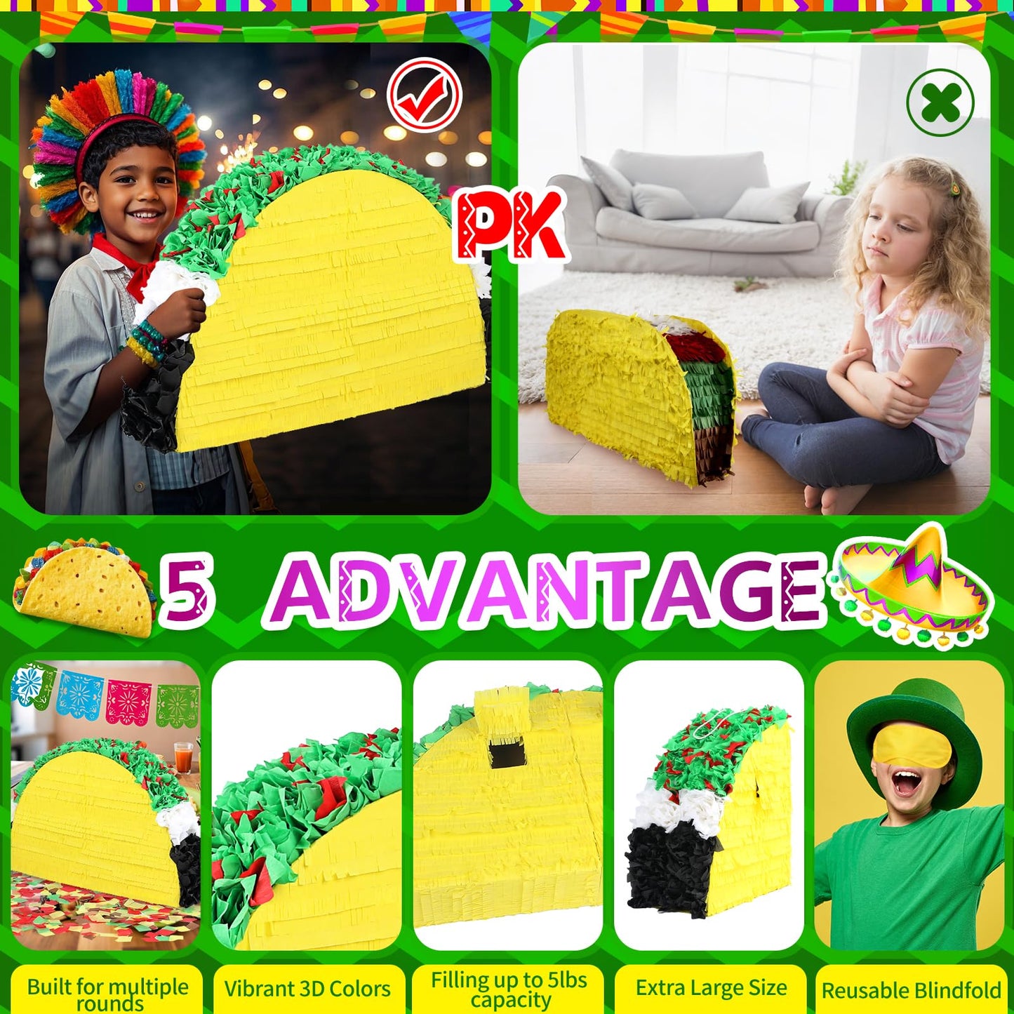 27" Large Taco Piñata for Birthday Party Decoration – Vibrant Cinco de Mayo, Taco Bout a Party, Mexican Theme Bash Taco Tuesday