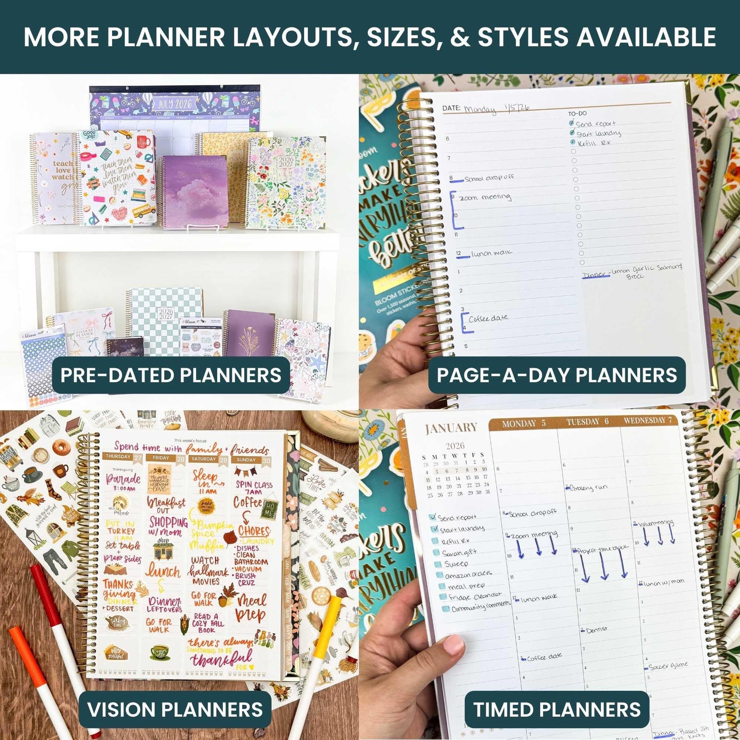 bloom daily planners All in One Ultimate Monthly & Weekly Undated Calendar Planner V2, Notebook, Sketch Book, Grid Pages, Coloring Book and More! 9" x 11" - Interchangeable Cover