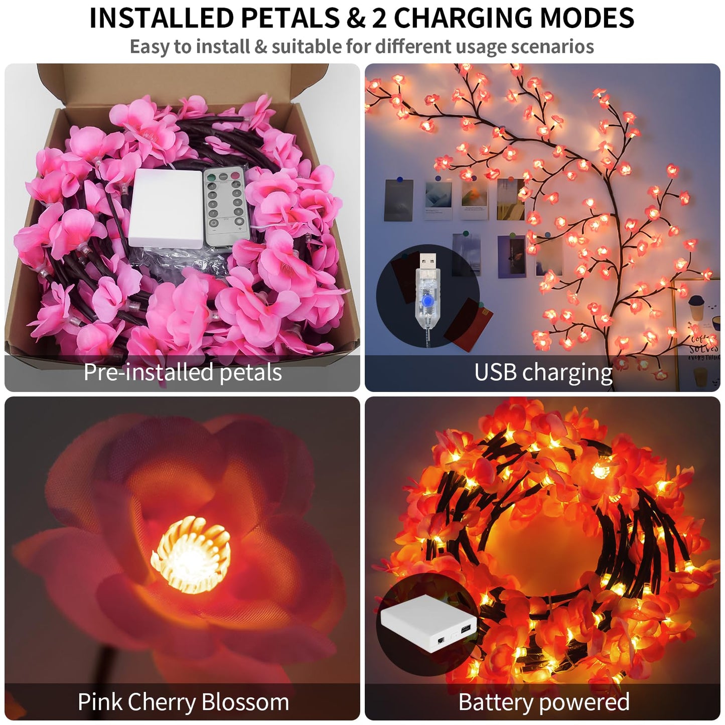 FNHMSL Cherry Enchanted Willow Vine Lights, Cherry Blossom LED Tree Branch Lights for Wall, Remote Timer, 8 Light Model, for Bedroom Wall Doors Windows Wedding (7.55FT 144LED)