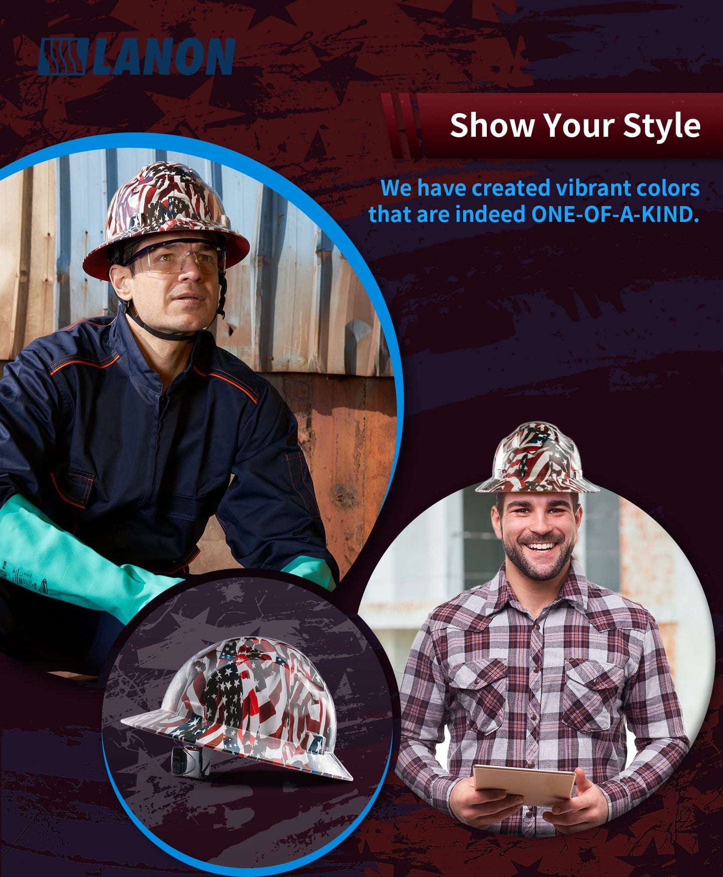 LANON Full Brim Hard Hat, OSHA Construction Work Approved, Premium American Flag Design, FRP Safety Helmet with 4 Point Adjustable Ratchet Suspension, Class C