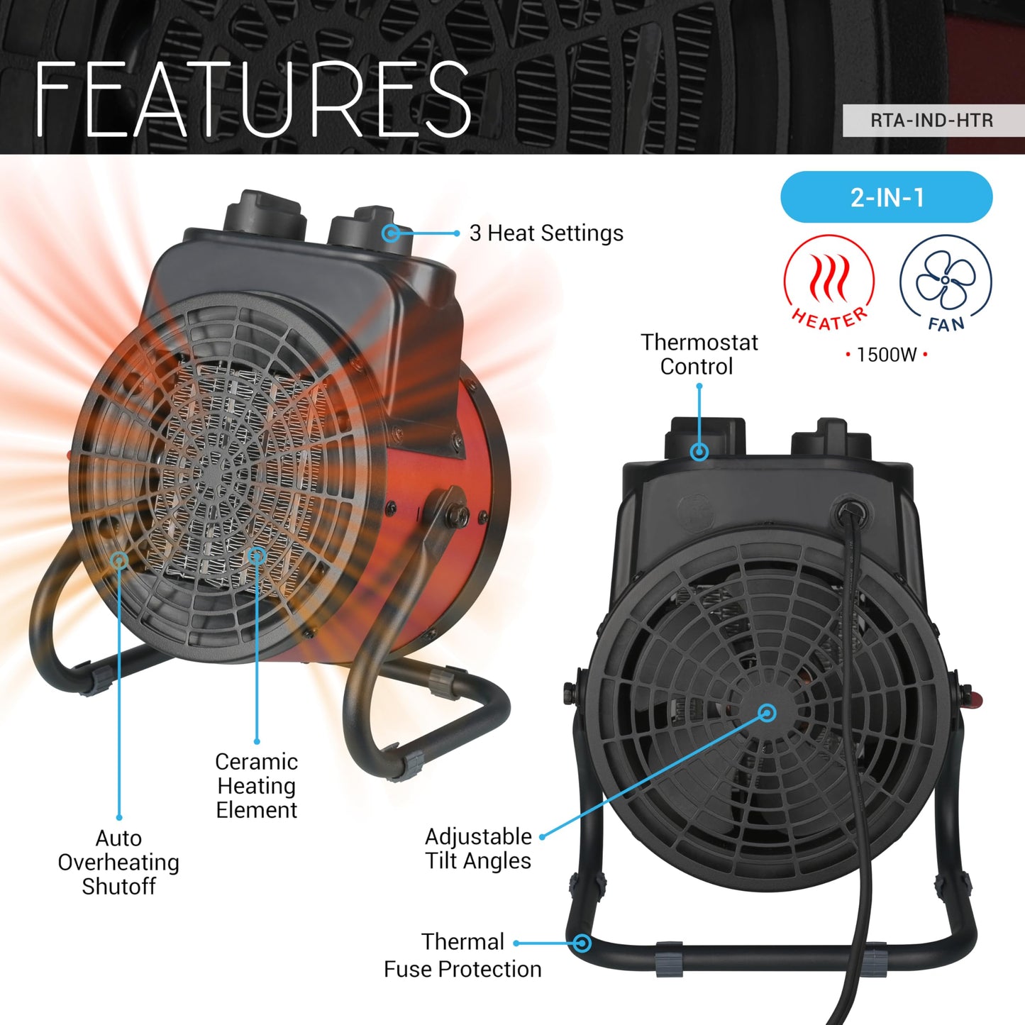Techni Home Industrial Electric Forced Air Heater with Ceramic Heating Element, Adjustable Tilt, Overheat Protection, Portable Shop Garage Heater for Indoor/Outdoor Use, 1500W