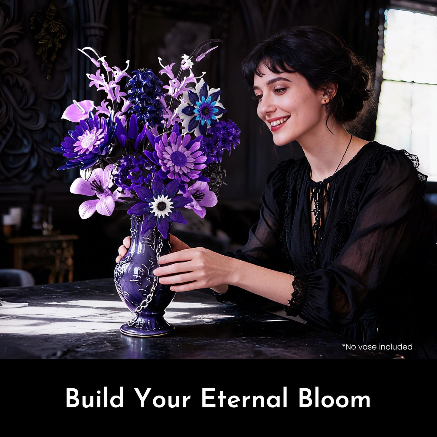 SOOLIO Dahlia Flower Bouquet Building Set for Adults,Gift for Mom Women Girlfriend Wife Gothic Botanical Collection - Buildable Purple Artificial Floral for Home or Office Decor (609 PCS)