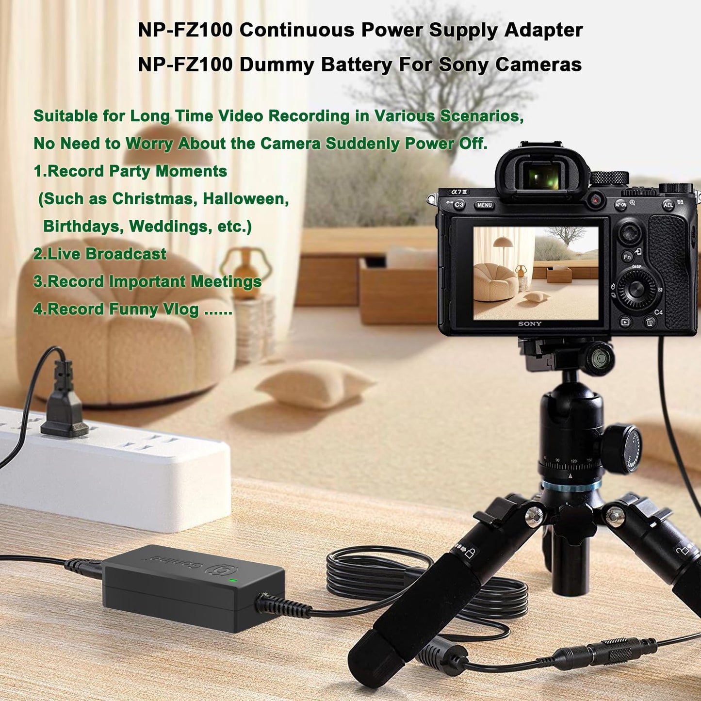 Gonine NP-FZ100 A7III Dummy Battery NPFZ100 Continuous Power Supply Adapter Charger Kit, for Sony Alpha A7III A7IV A6700 A6600 ZV-E1, A7SIII A7C A1 FX3 A7R3 A7R IV, A9 A9R A9S Cameras.