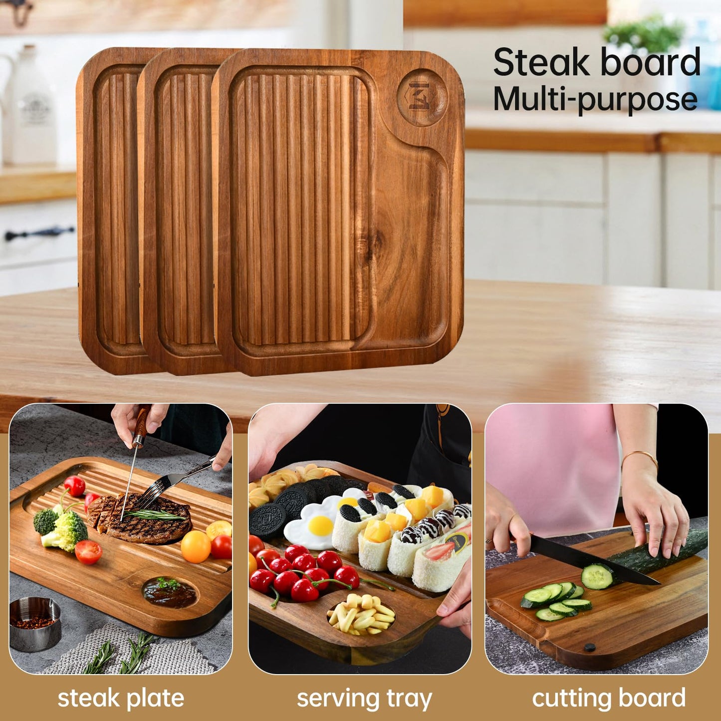 4 pcs Acacia Wood Steak Plates,Carnivore Cutting Board for Eating, Carved Meat Wooden Plate, Food Serving Tray,Cheese Charcuterie Boards with Deep Grooves & Hidden Handles