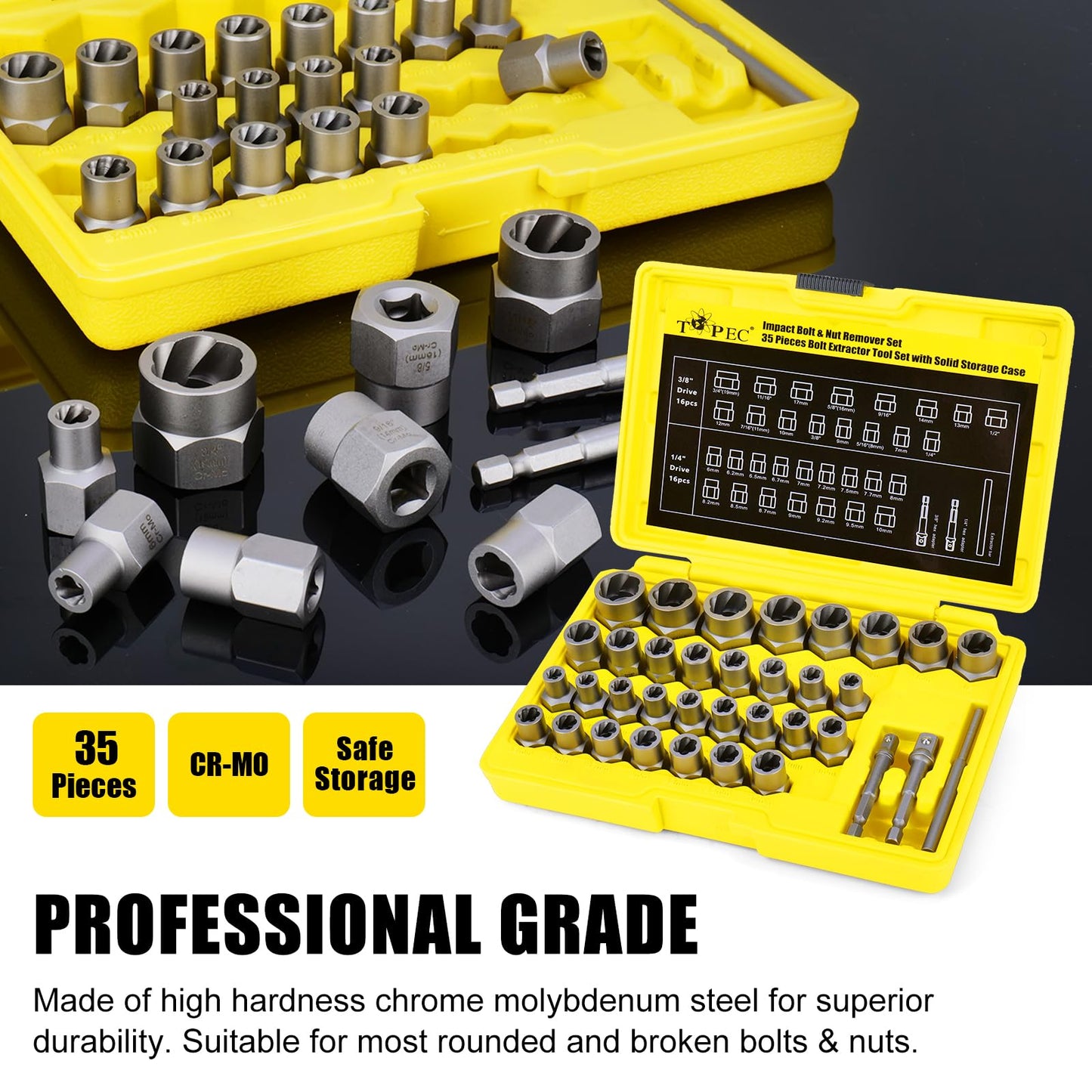 Topec Broken Bolt Extractor Kit, 35 PCS Easy Out Bolt Extractor Socket Set, Nut Remover Set for Removing Stripped, Damaged, Rusted, Rounded Screws, Nuts
