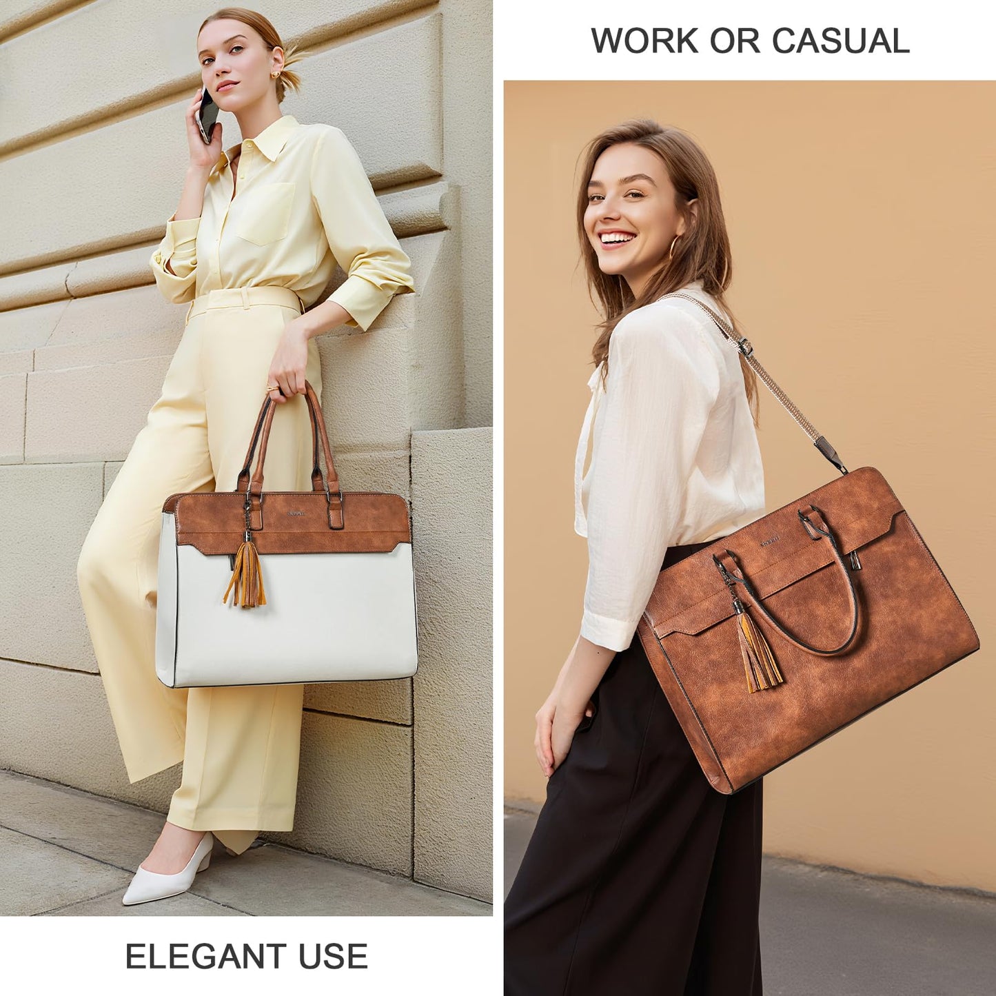 Shrrie 17 inch Laptop Bag for Women,Water-Resistant Work Bag LaptopTote Bag,Professional Business Tote for Office,Travel,College-Fits 15.6 Laptop&Tablet,Briefcase with Satchel Purse,Beige with Brown