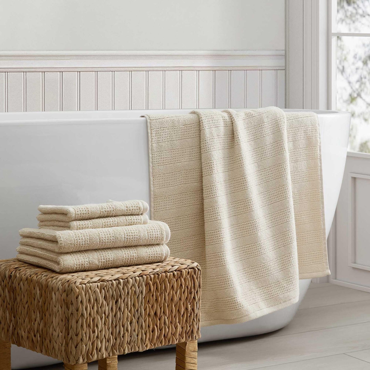 Martha Stewart - Bath Towels, Soft & Absorbent 100% Cotton Towels, Solid 500 GSM, 6-Piece Bathroom Towel Set with Textured Weave (Bedford Cottage Beige)