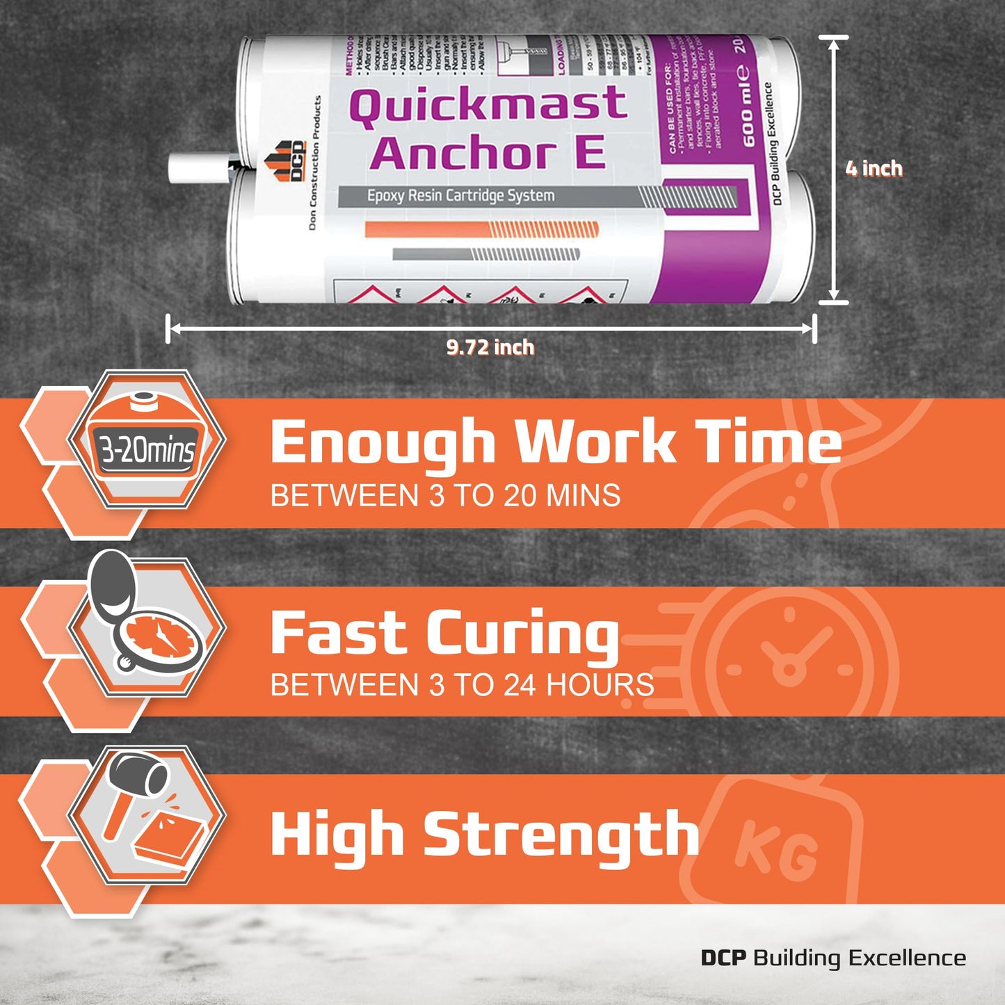 DCP Quickmast Anchor E Concrete Anchoring Epoxy - Two-Part, Dual Cartridge, Fast-Setting Epoxy System for Rebar, Threaded Rods, Crack Repair - Strong Bonding, Durable - 20.2 fl oz. - 2 Pack