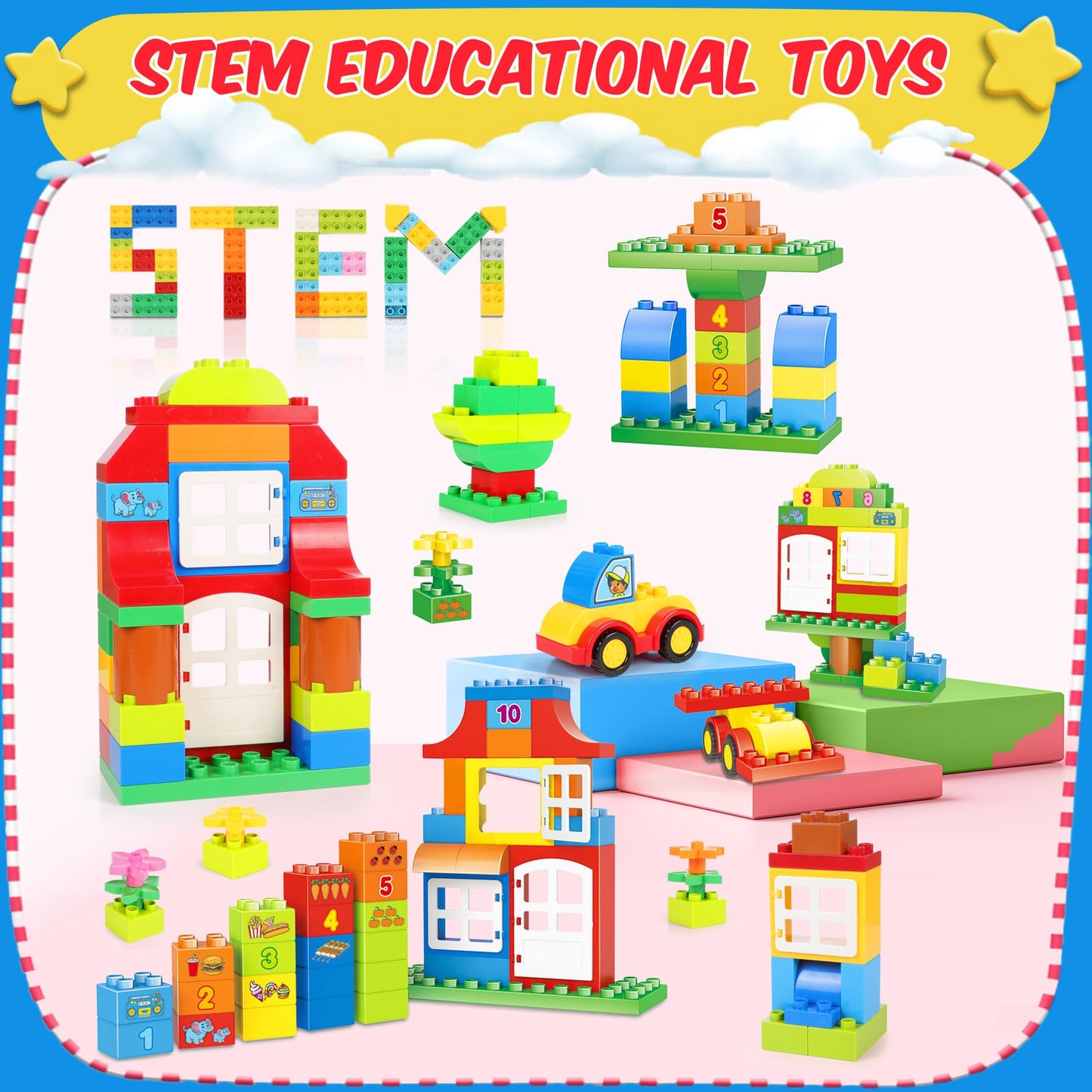 Large Building Blocks Set, 94 Pcs Kids Pre-School Toy Early Learning Big First Building Blocks for Toddler Boys Girls Aged 3+
