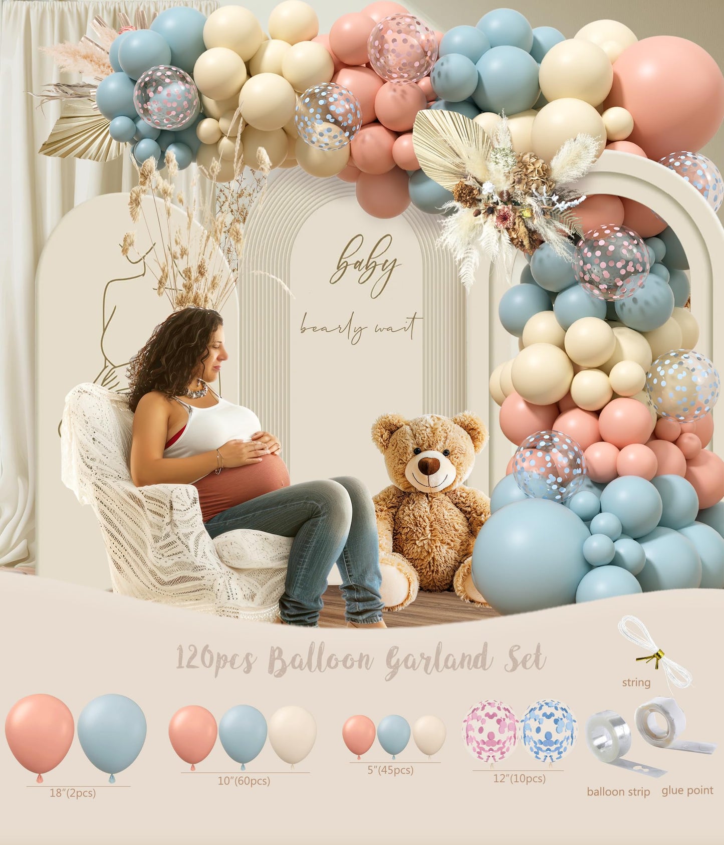 Bear Gender Reveal Decorations, He or She Gender Reveal Party Decoration, Boy or Girl Bear Theme Party Supplies with Backdrop BABY-Box Tablecloth Mom to Be Sash Dad to Be Pin Balloon Arch