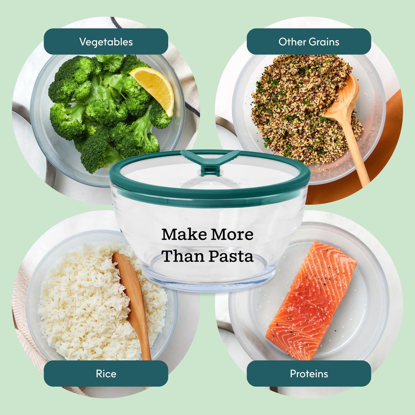 Anyday 8 Cup Glass Microwave Pasta Cooker - BPA Free & Plastic Free Microwave Spaghetti Cooker - Meal Prep & Glass Cookware | Stackable Airtight Nontoxic Storage Container with Vented Lid (Kale)