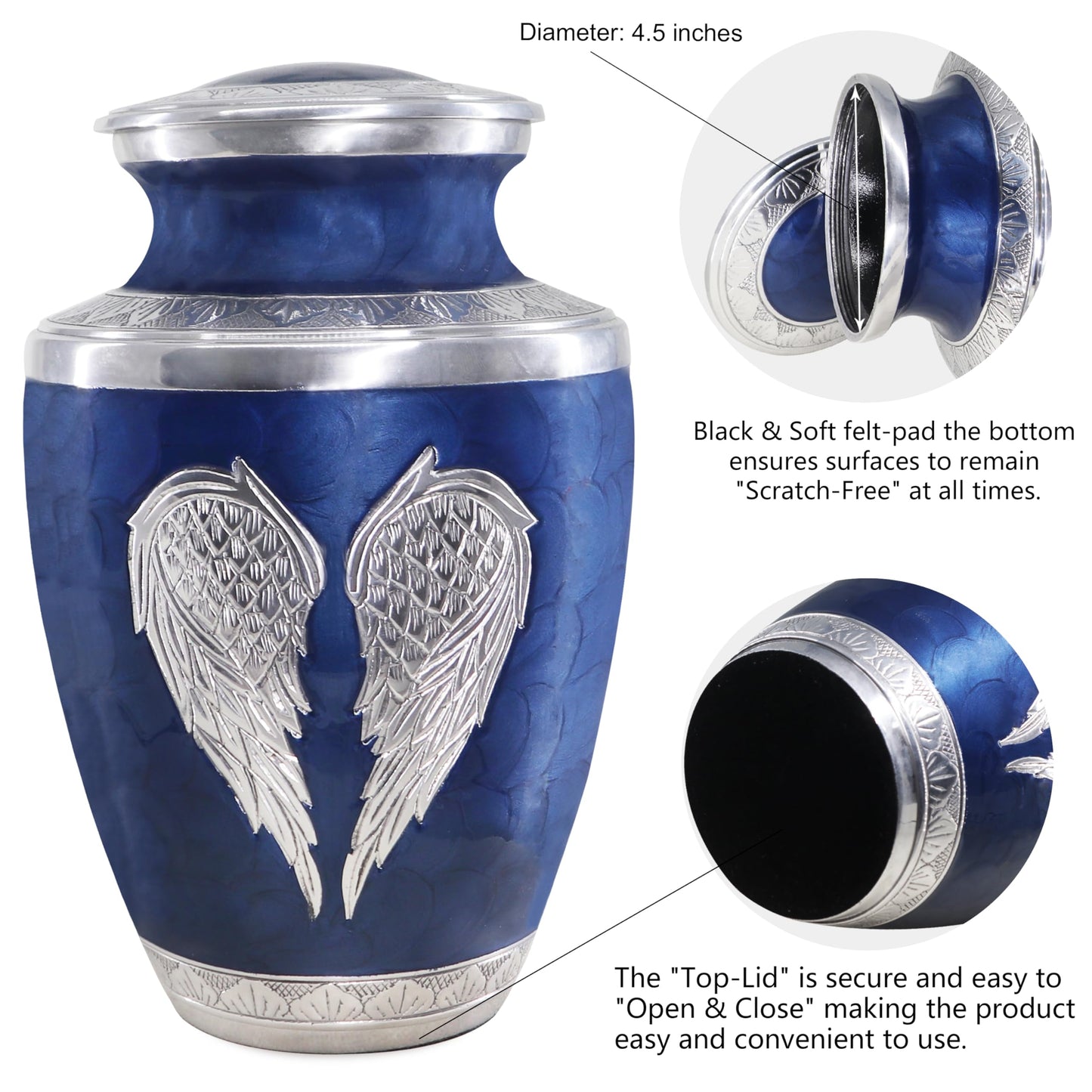 M MEILINXU Urns for Human Ashes Adult Man & Women, Cremation Urn for Ashes Adult Male & Female, Burial Urn, Decorative Urns for Funeral, Silver Engraved Angel Wings, Dark Blue and Silvery - Large