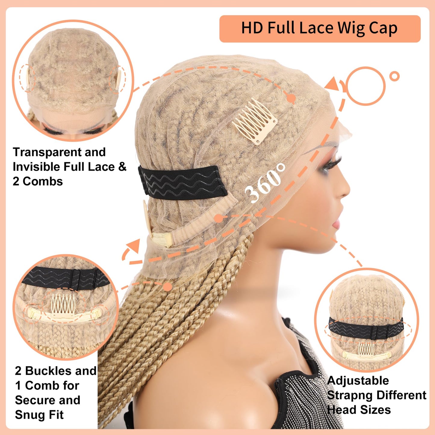 Brinbea 360° HD Full Lace Knotless Braided Wigs for Women Box Braid Wig with Baby Hair Braided Lace Front Wigs Human Hair Blended Braids Wig Long Blonde 36"