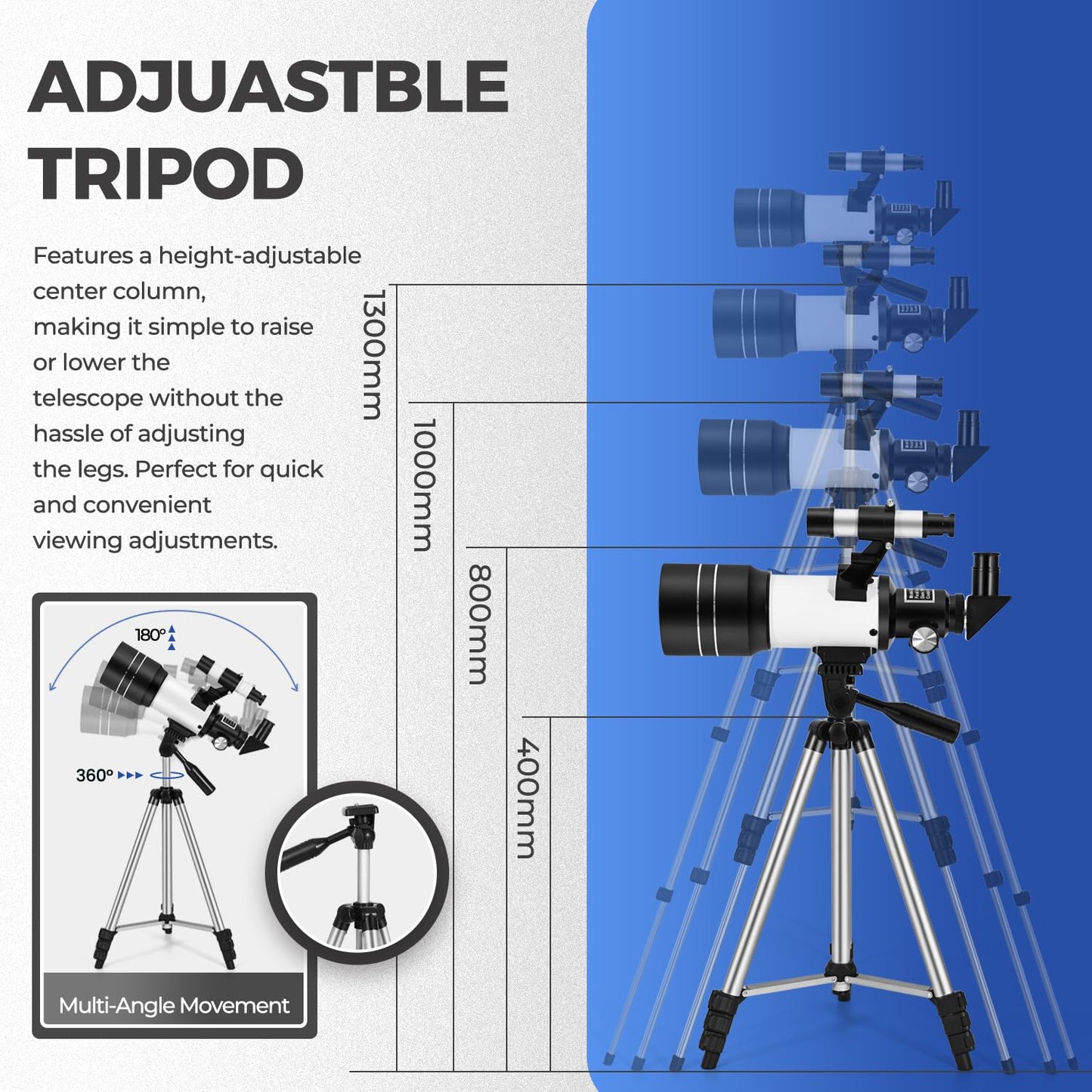 ESAKO Telescope for Kids & Beginners, 70mm Aperture Portable Telescopes with 3 Eyepieces, Height Adjustable Tripod & Phone Adapter & Remote Control Gift for Christmas