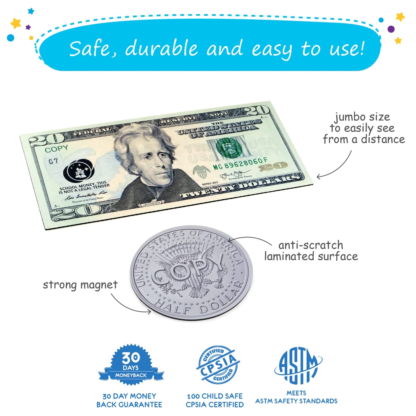 48 PCS Large Double-Sided Magnetic Money - Play Money for Kids for Learning, Pretend Money for Classroom, Toy Money, Play Coins for Kids, Money Games, Practice, Money Manipulatives, Class Money Set