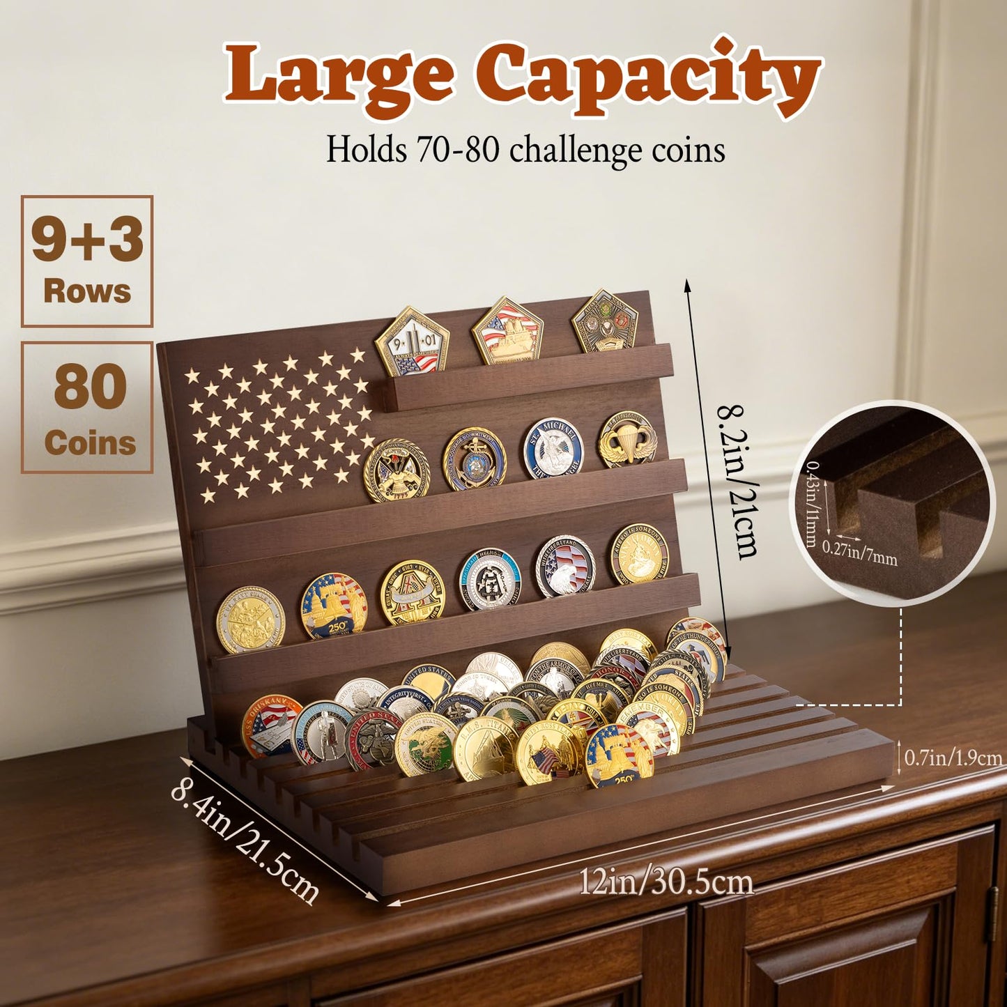 Yncotte Challenge Coin Display, Slotted Stands Military Coin Holder Display Rack Solid Wood for Army Coin Collection Desk Tabletop Decorative Stands, Large Capacity of 80 Coins 8 Raw (Walnut)