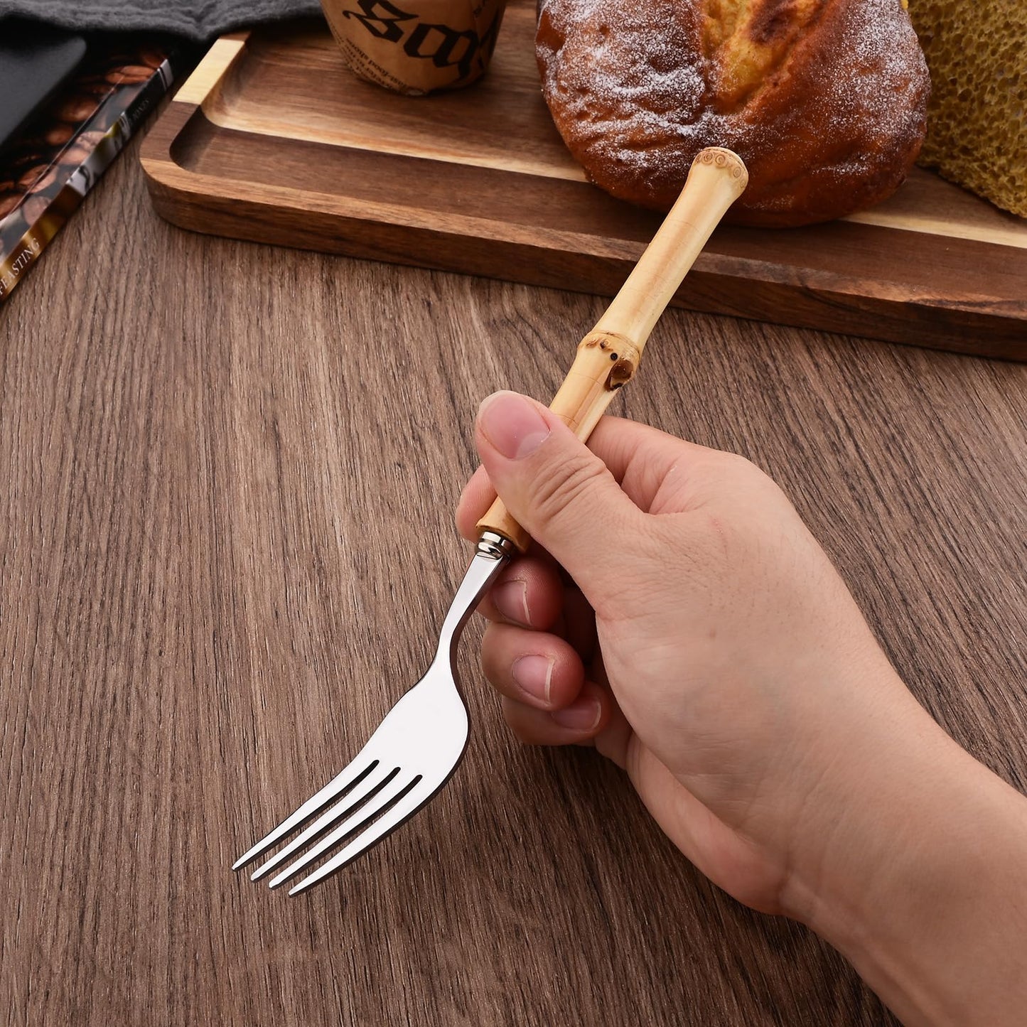 Uniturcky 50PCS Silverware Set for 10, Bamboo Handle Flatware Set, Stainless Steel Cutlery Set for Home Restaurant and Party, Bamboo Forks Spoons and Knives Set, Polished Tableware