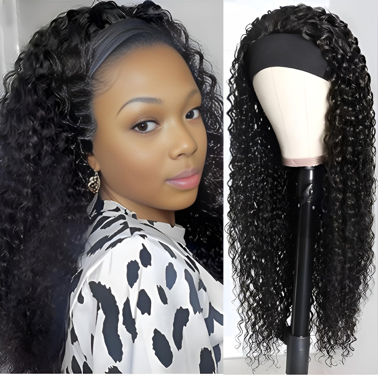 jkahh Curly Headband Wig Human Hair 20Inch Human Hair Headband Wig Glueless Wear and Go Human Hair Scarf None Lace Front Wigs 150% Density Natural Color