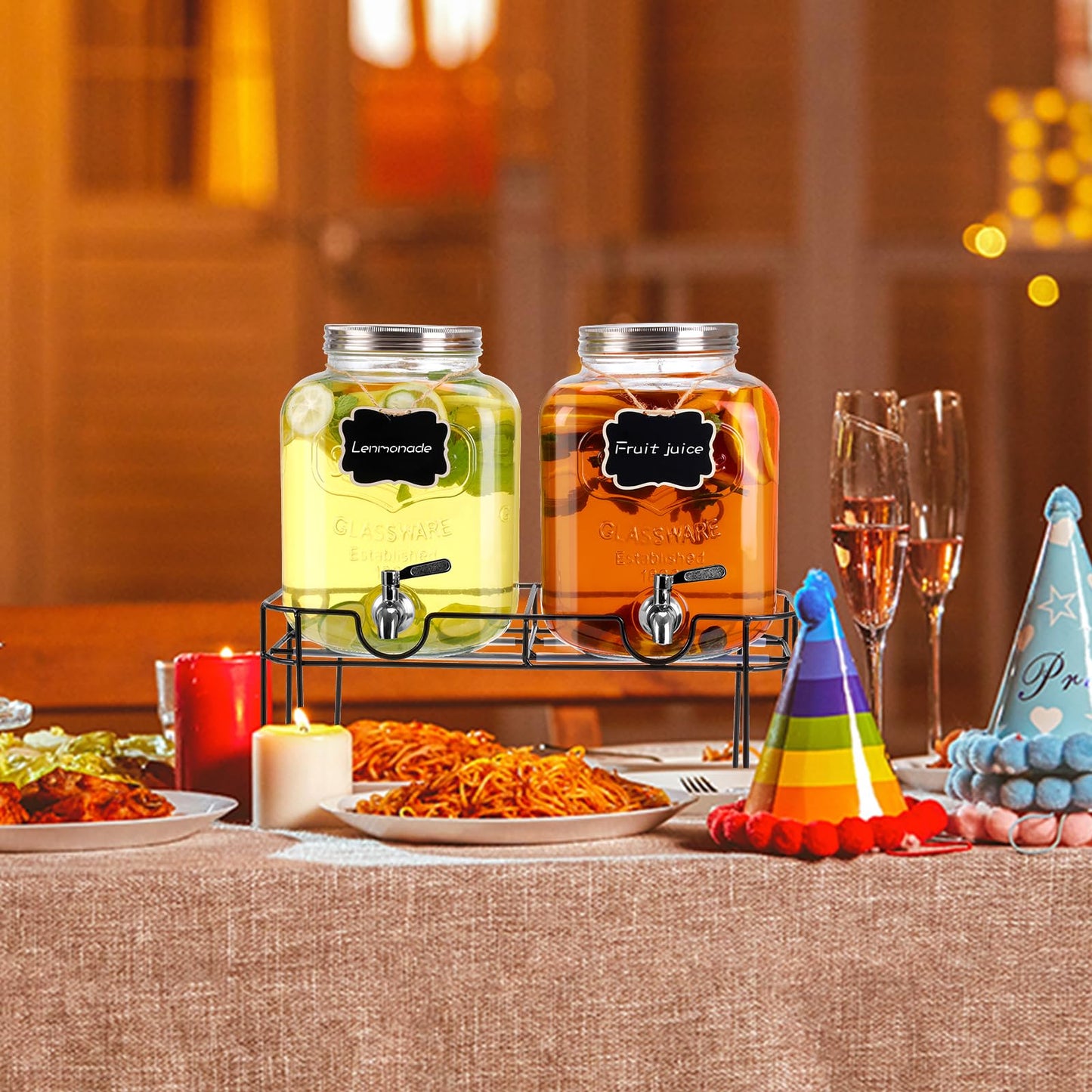 1.6 Gallon Glass Drink dispenser, 2 PCS Beverage Dispenser With Stand, Lemonade Dispenser with Stainless Steel Spigot,Drink Dispensers for Parties,Weddings, Picnic