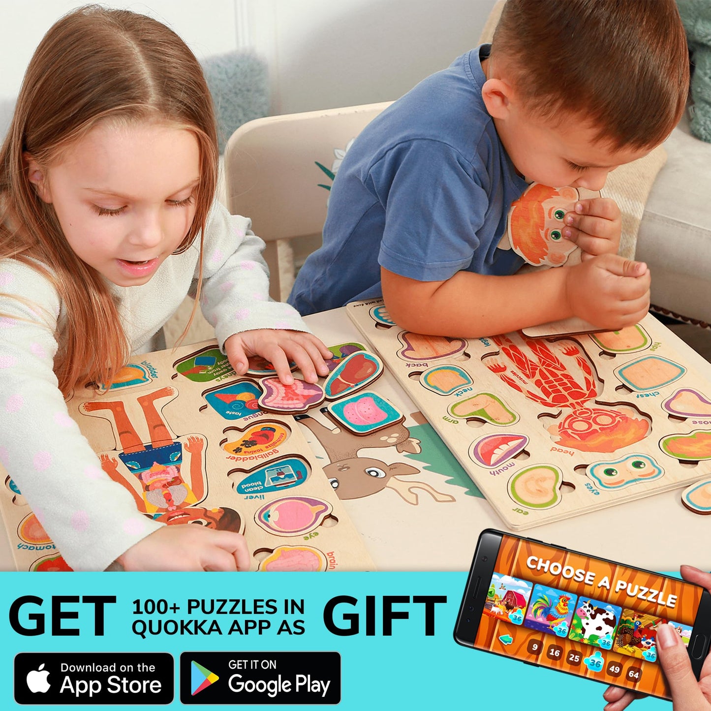 QUOKKA Toddler Toys for 1 2 3 Year Old Boys and Girls - 2 Montessori Toys from 3 Years with Human Body Game - Fun Wooden Puzzles for Learning Kids and Educational Toddler Games