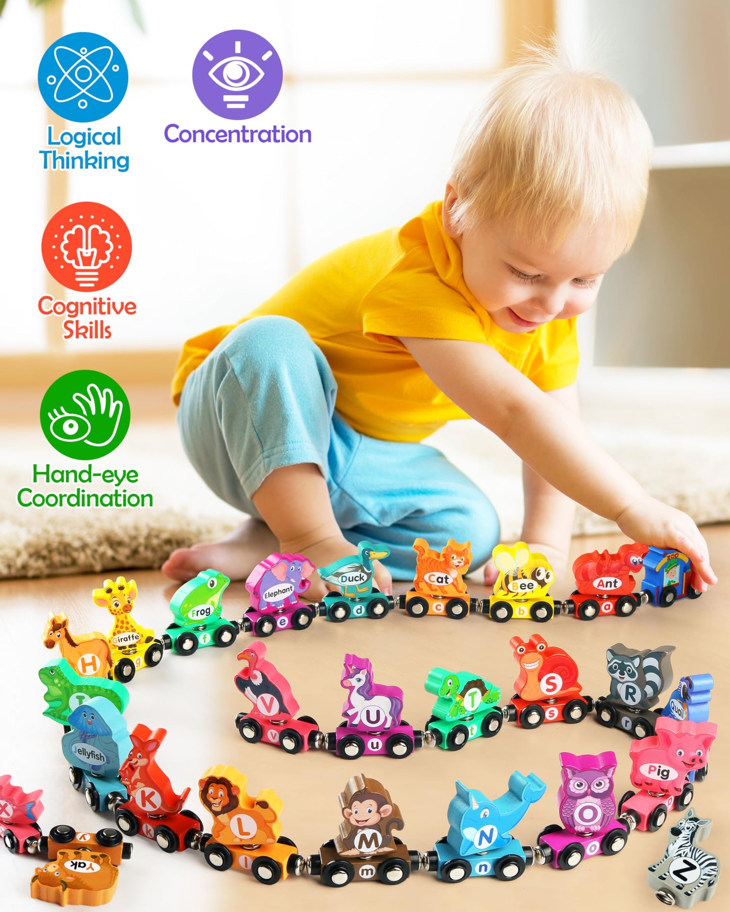 Vanmor 27 Pcs Magnetic Wooden Alphabet Train Set, ABC Learning Toy with 42 Flash Cards & Storage Bag, Fun Educational Toy for Kids Ages 3-7, Interactive Early Development Gift for Toddlers (Animal)