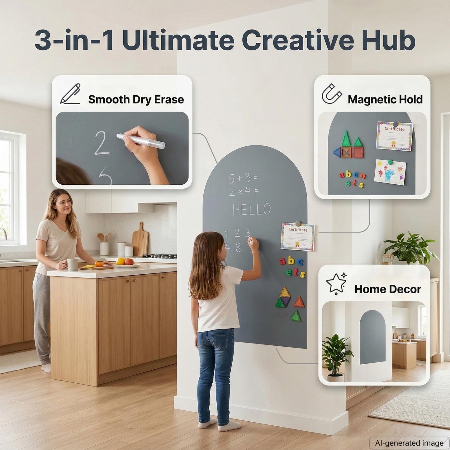 Qiytecno Magnetic Arch Wall Decal: Large 39.4"x23.6" Strong Adhesive Screen Free Chalkboard for Wall - Modern Playroom Decor & Homeschool Learning Station for Toddlers 1-4 & Kids 5-10 (Quiet Gray)