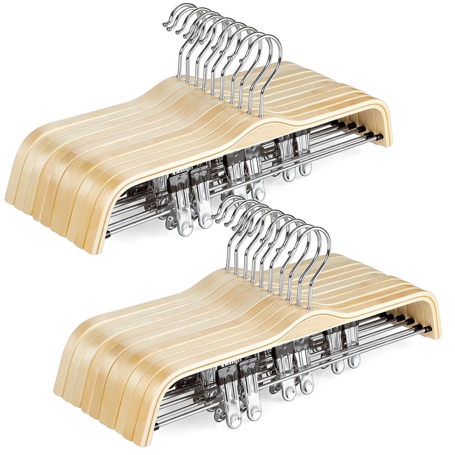 TOPIA HANGER Wooden Pants Hangers,Slim Natural Wood Skirt Hangers with Anti-Rust Hook and Adjustable Metal Clips, Perfect for Skirts, Pants, Slacks-20 Pack-CT17N20