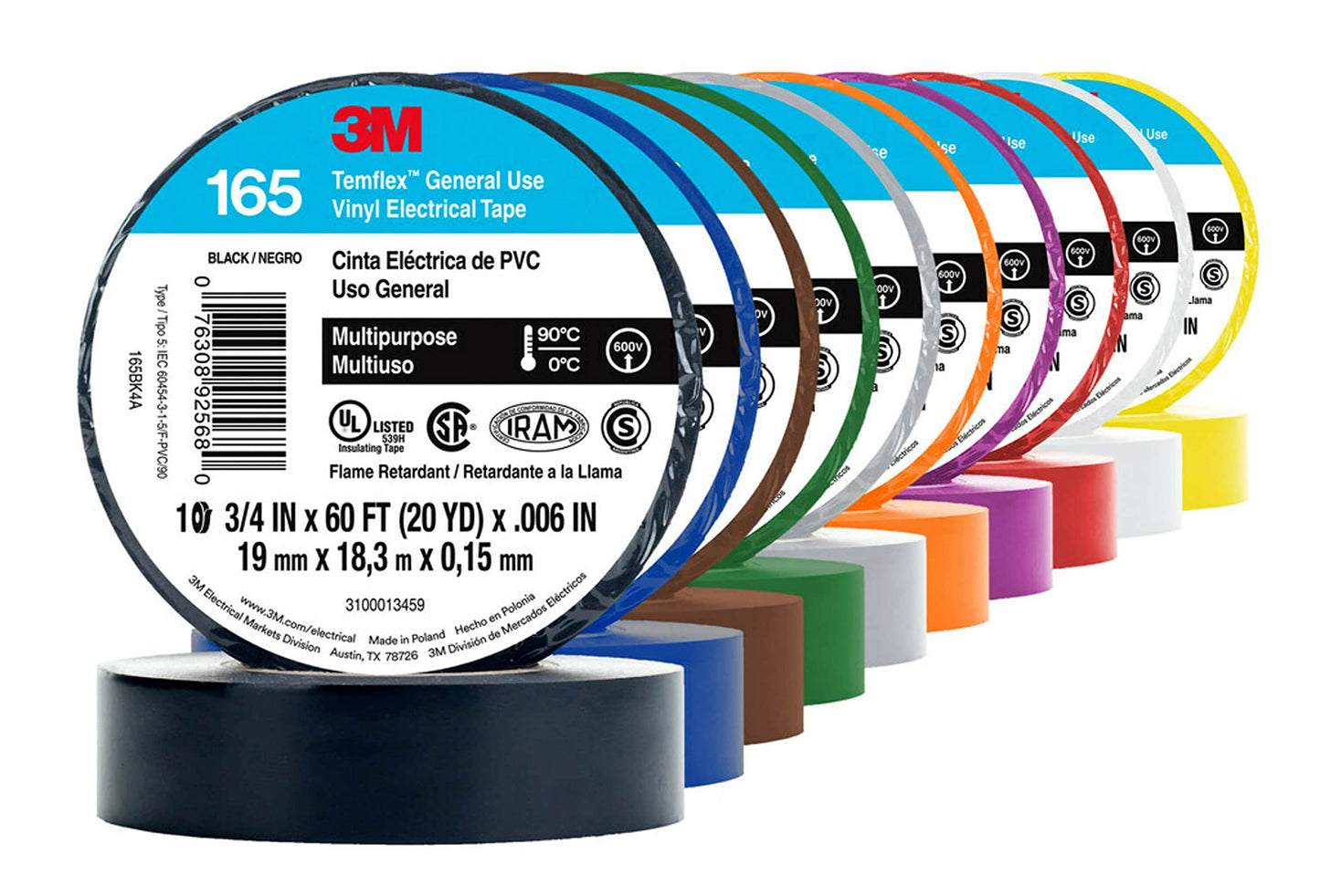 3M Temflex Vinyl Electrical Tape 165, Black, 3/4 in x 60 ft (19 mm x 18 m), 6 mil, 100 Rolls/Case
