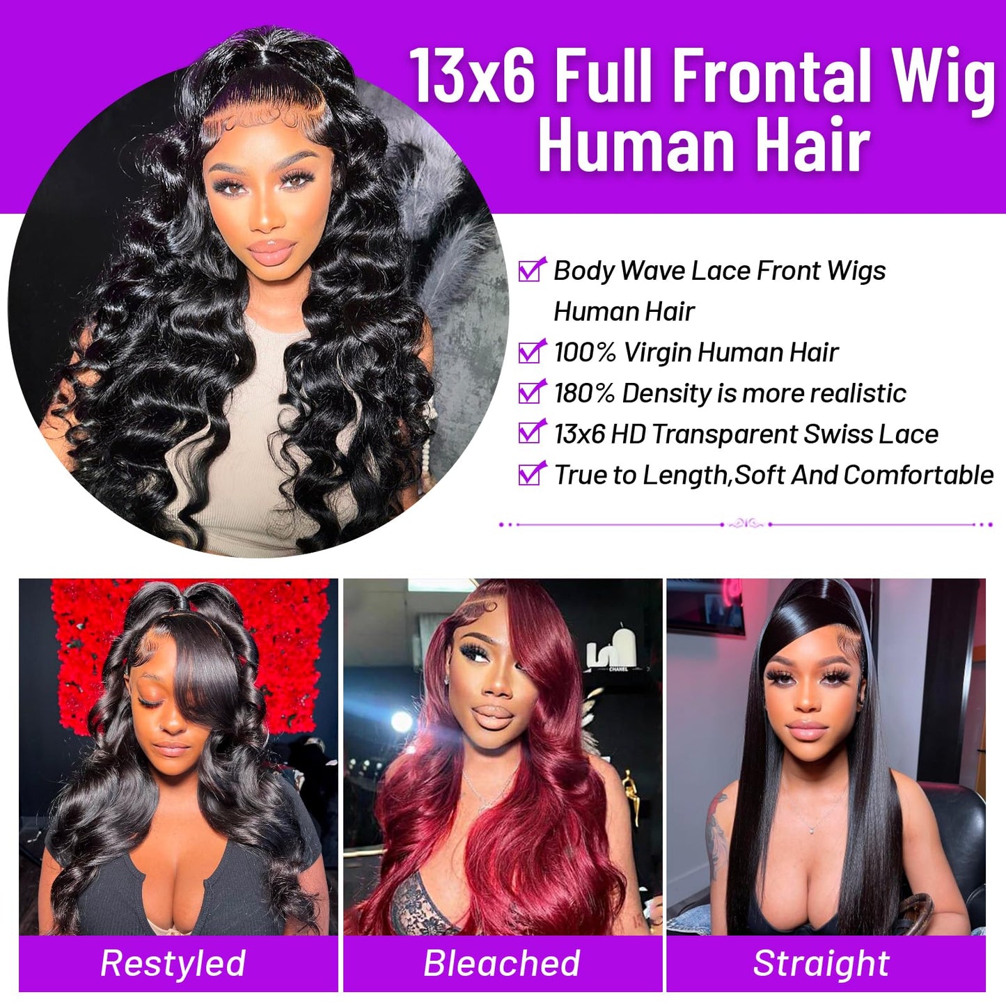 13x6 HD Lace Front Wigs Human Hair Pre Plucked 13x6 Body Wave Lace Front Wigs Human Hair with Baby Hair Brazilian Full Lace Frontal Wig 13x6 Body Wave Wig for Women 180% Density Natural Black 22 Inch