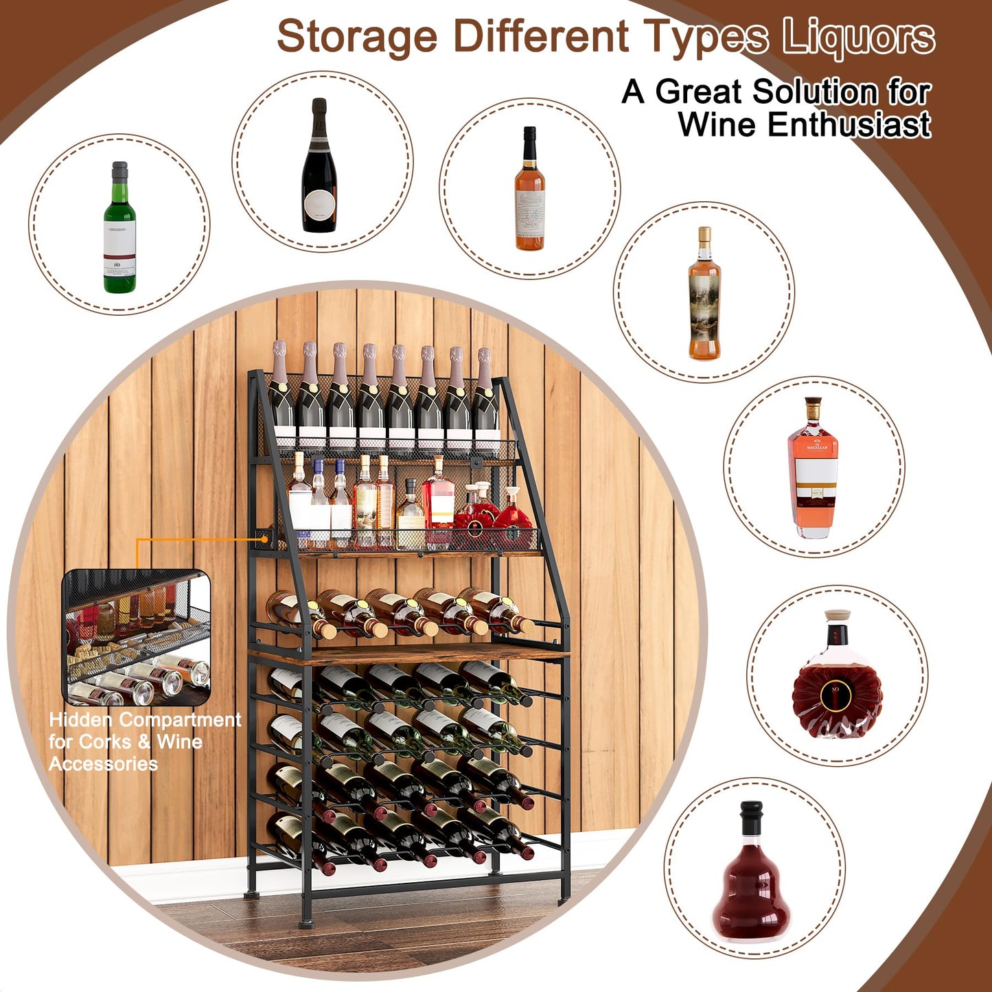 TQVAI Wine Rack Freestanding Floor Modular Split 40 Bottles Vertical Countertop Wine Racks Tall Liquor Bottle Display Shelf with Hidden Cork Organizer for Home Bar, Black/Antique